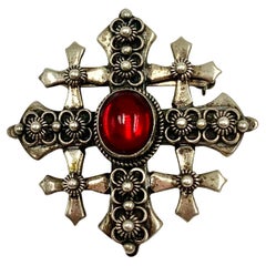 Antique Byzantine Style Substantial Silver Five Fold Cross Pendant Brooch
