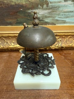 Antique c. 1880 Brass Toned Hotel Front Desk Call Bell w/ Milk Glass Like Base