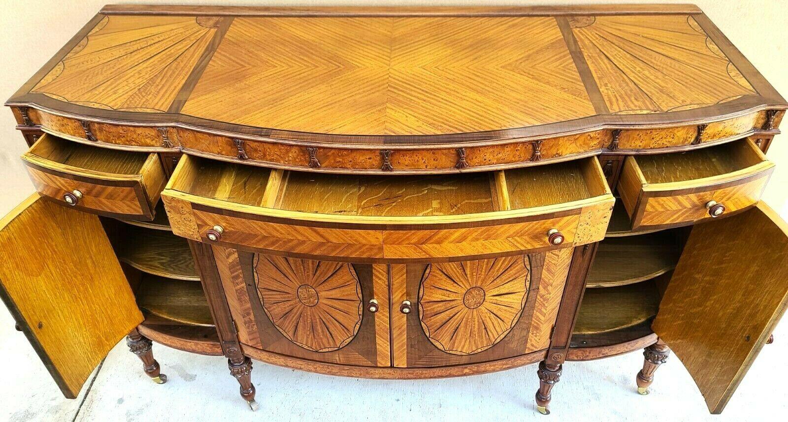 Offering One Of Our Recent Palm Beach Estate Fine Furniture Acquisitions Of An 
Antique early 1900s Art Nouveau Amboyna burl hand carved walnut sideboard buffet

Approximate Measurements in Inches
36