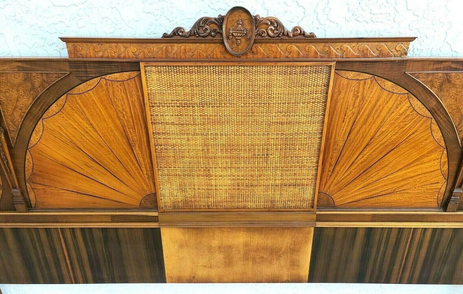 Antique c 1900 Art Nouveau Amboyna Burl Hand Carved Walnut Wicker King Headboard In Good Condition In Lake Worth, FL