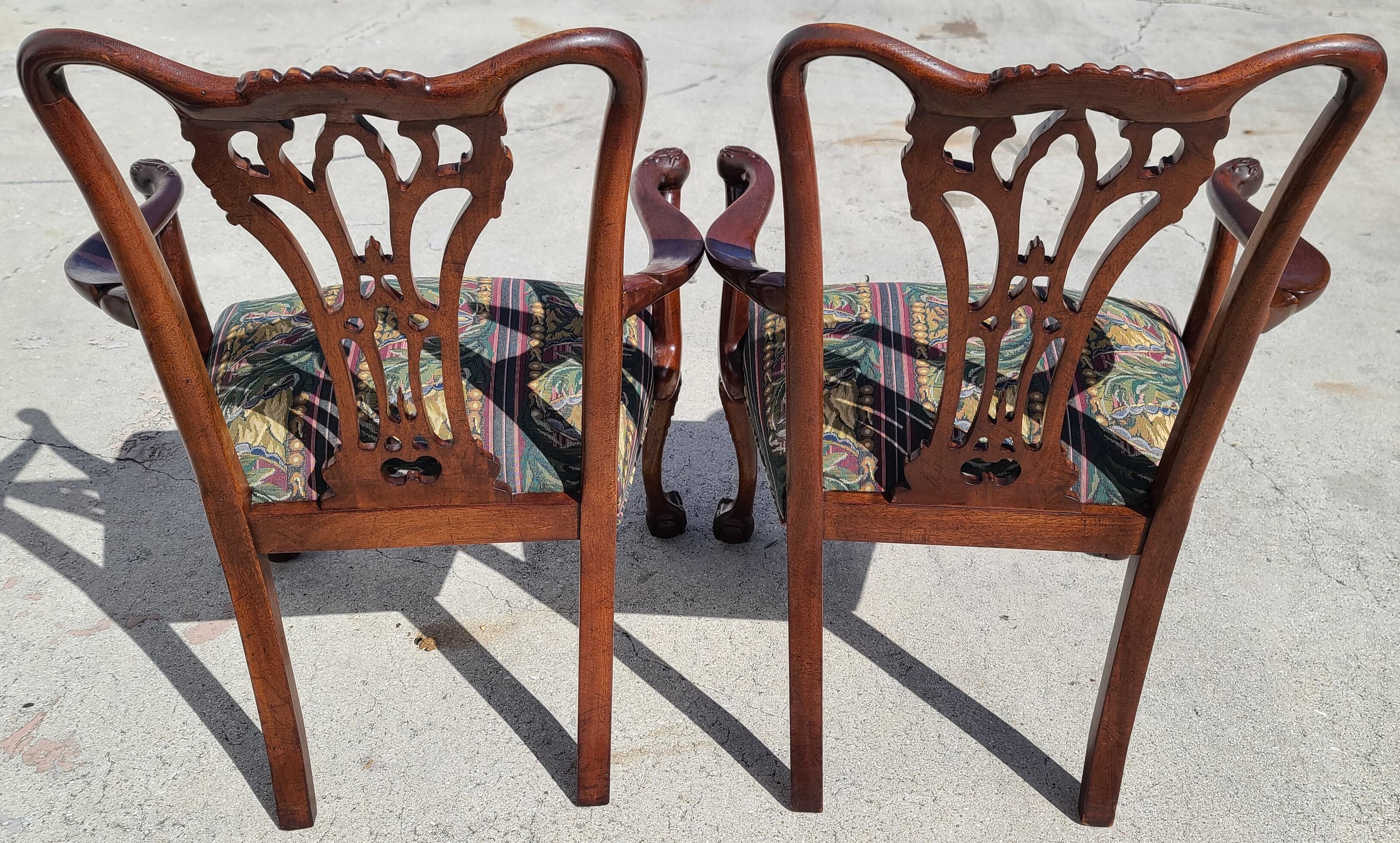 Hand-Carved Antique C 1900 Edwardian Chippendale Mahogany Ball & Claw Armchairs, a Pair For Sale