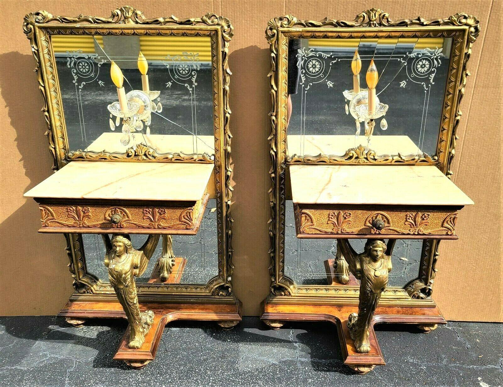 Offering one of our recent palm beach estate fine furniture acquisitions of a
Pair of antique c 1900 Italian neoclassical burl mahogany mirrored marble top nightstands with electric crystal sconces
These are very special and unique pieces. All