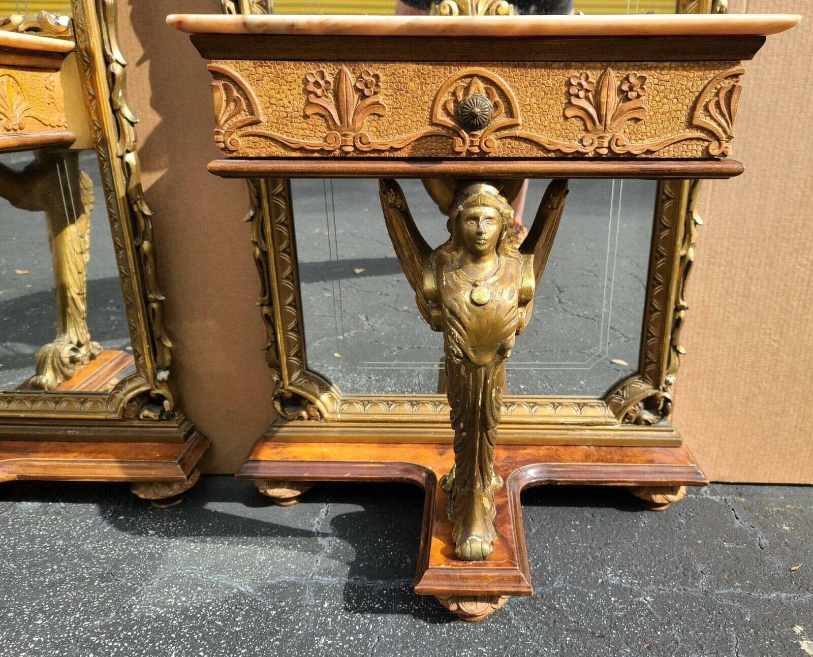 Antique c 1900 Italian Neoclassical Mirrored Marble Nightstands In Distressed Condition In Lake Worth, FL