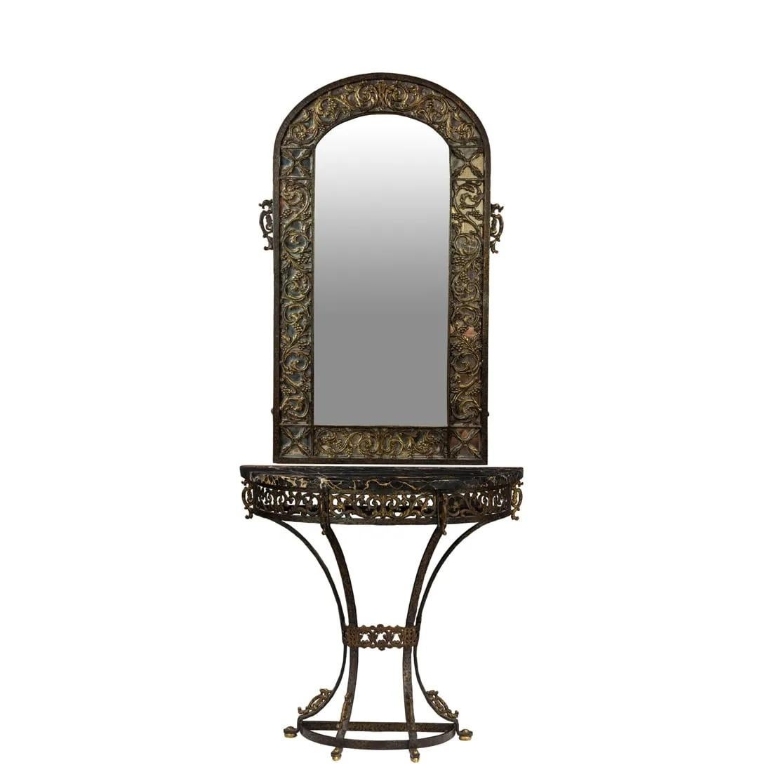 Age: 1900 - 1950

Furniture Style: Spanish Colonial (1600 - 1850)

C 1920's Oscar Bach Iron & Brass Demilune Console Table W/ Nero Portoro Marble Top and matching mirror. 

Dimensions: Console - 31