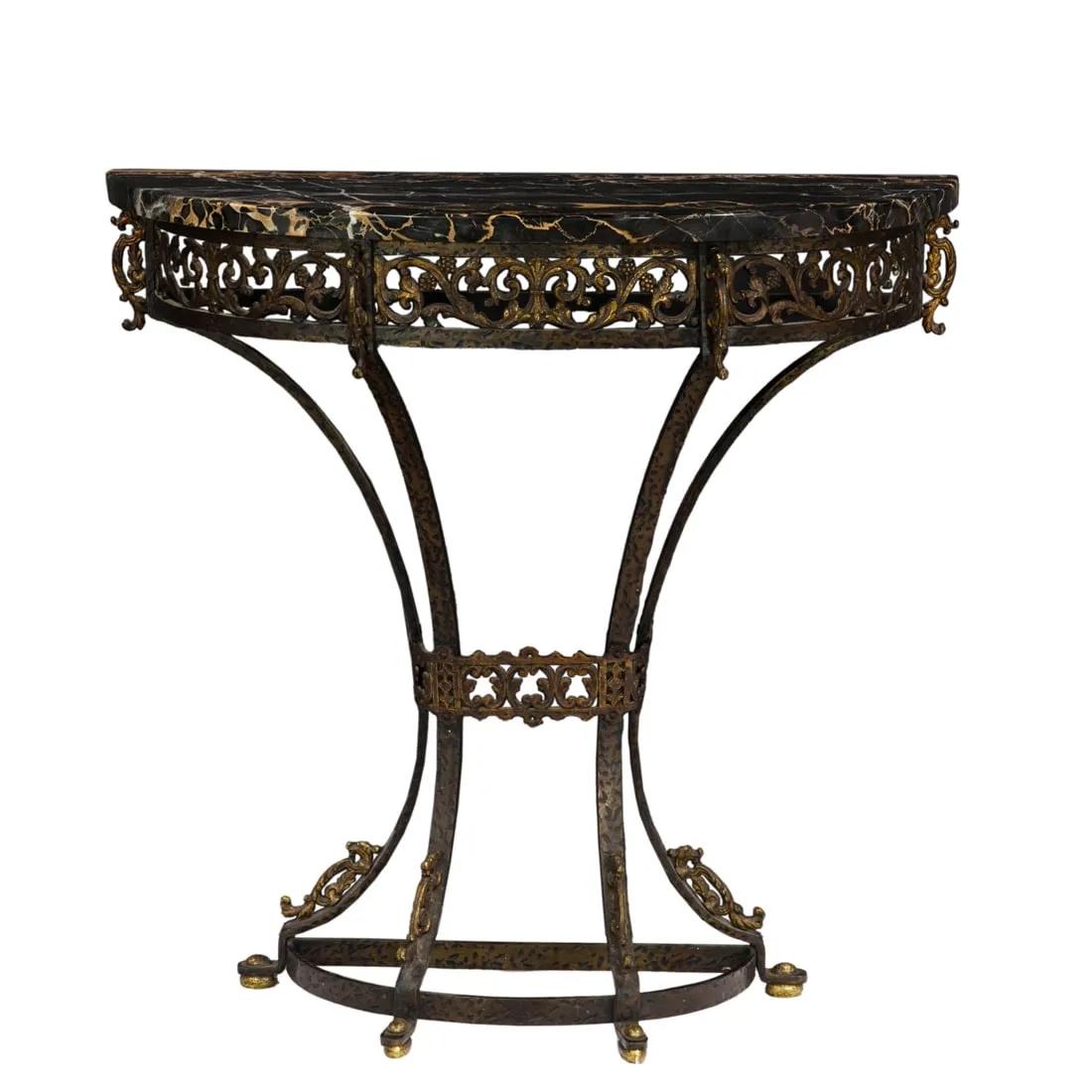Art Deco Antique C 1920's Oscar Bach Iron & Brass Demilune Console Table W/ Mirror For Sale