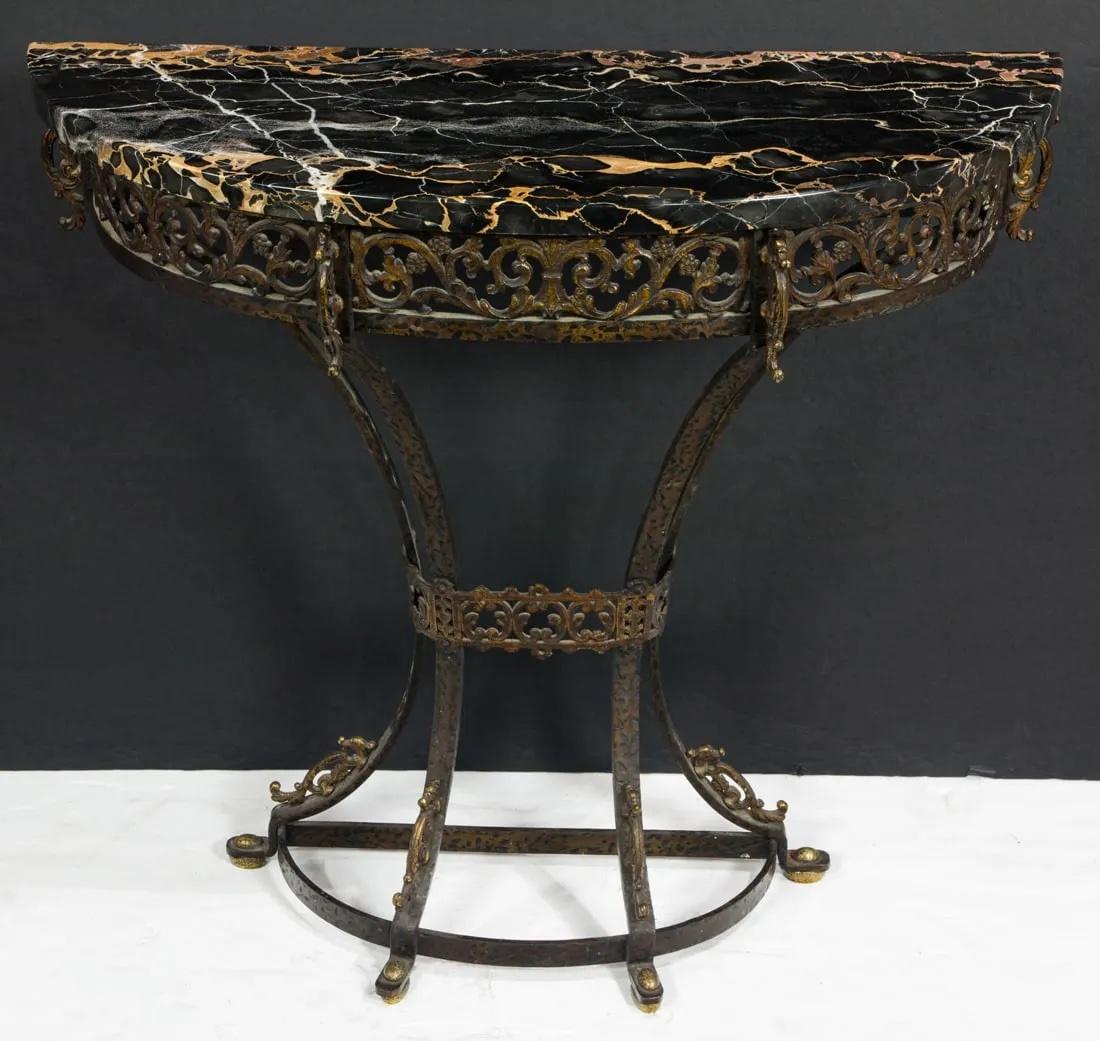 American Antique C 1920's Oscar Bach Iron & Brass Demilune Console Table W/ Mirror For Sale