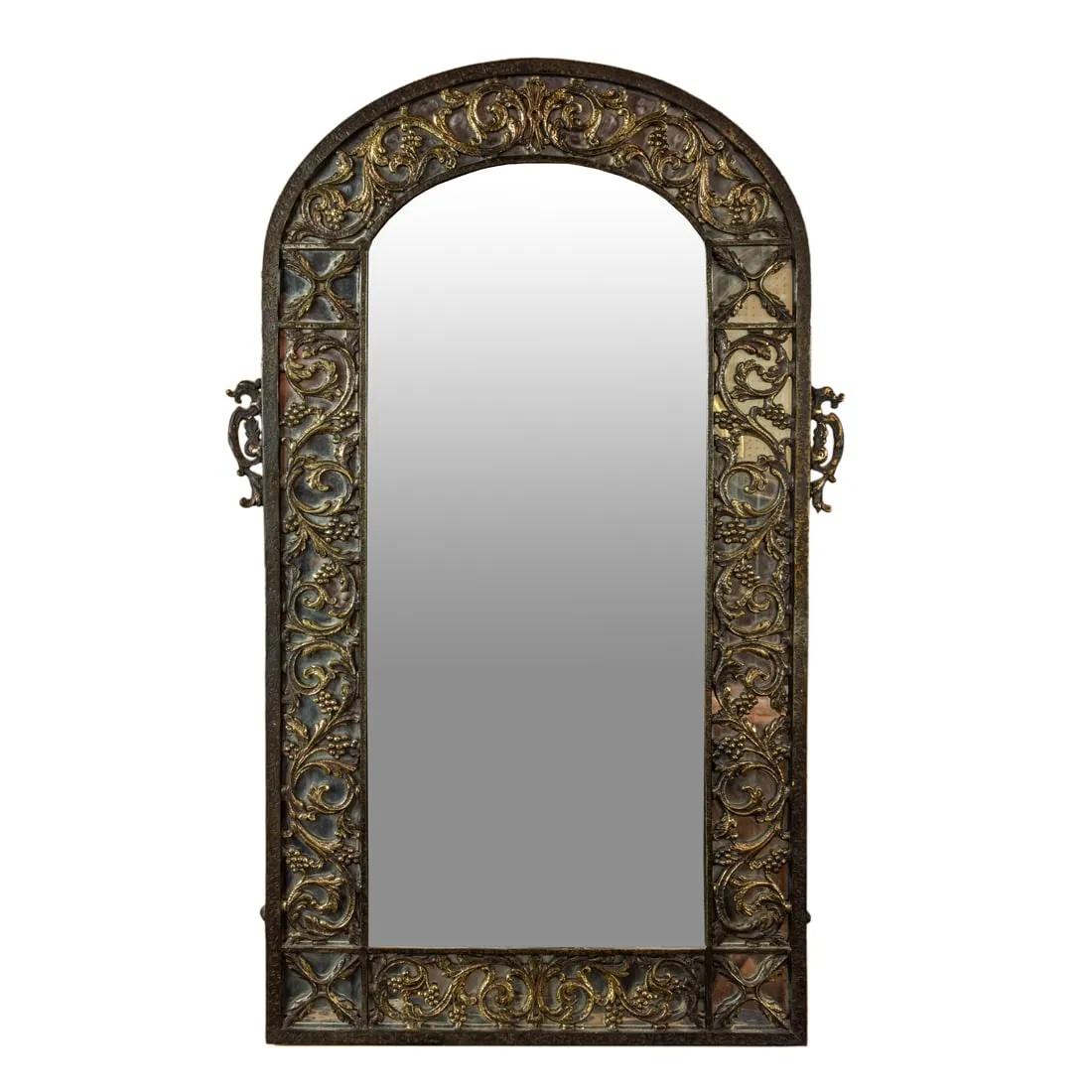 Antique C 1920's Oscar Bach Iron & Brass Demilune Console Table W/ Mirror In Good Condition For Sale In Los Angeles, CA
