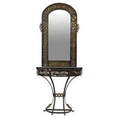 Antique C 1920's Oscar Bach Iron & Brass Demilune Console Table W/ Mirror