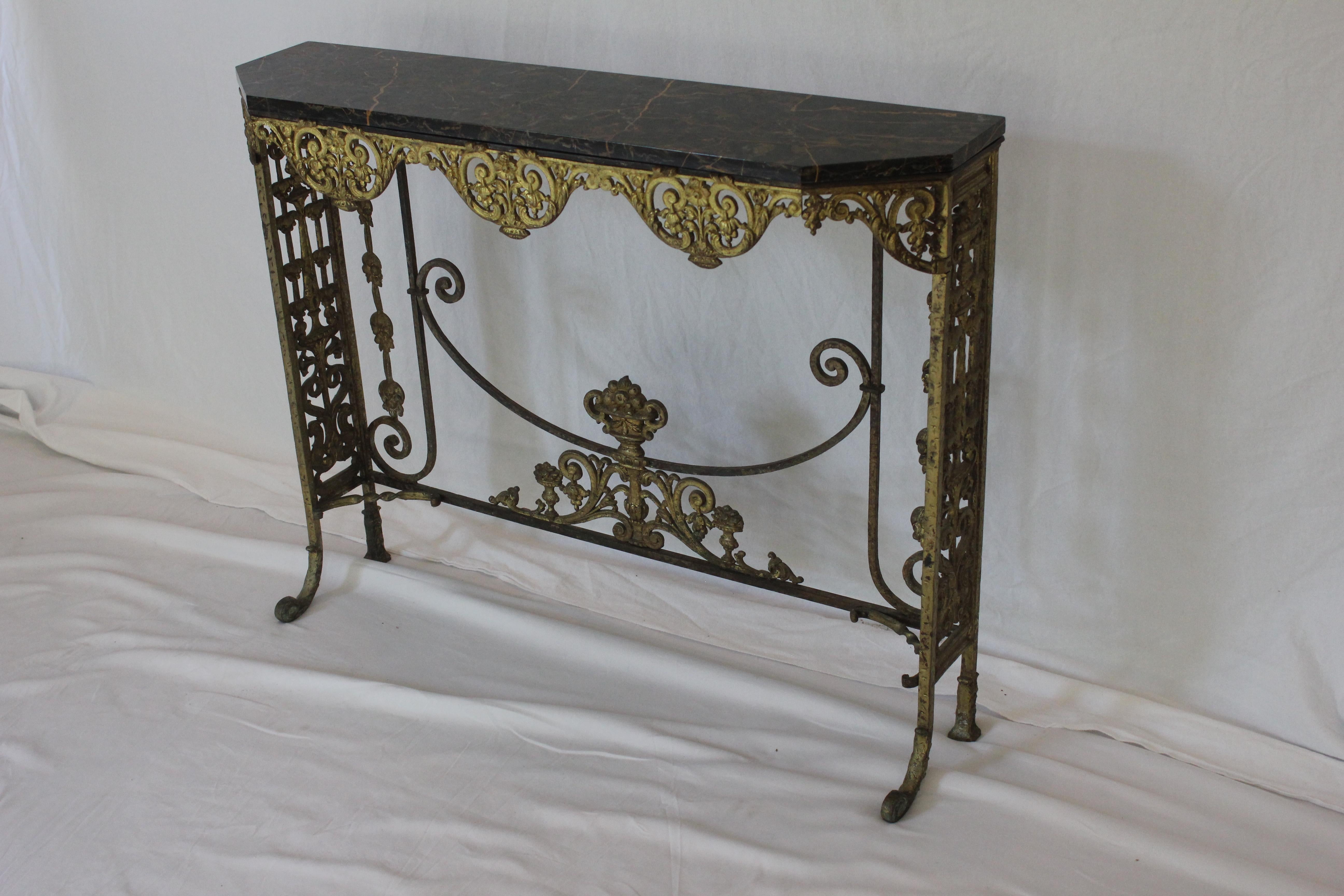 Antique C 1920's Oscar Bach Marble Top Iron & Brass Console Table (AF1-372) For Sale 3