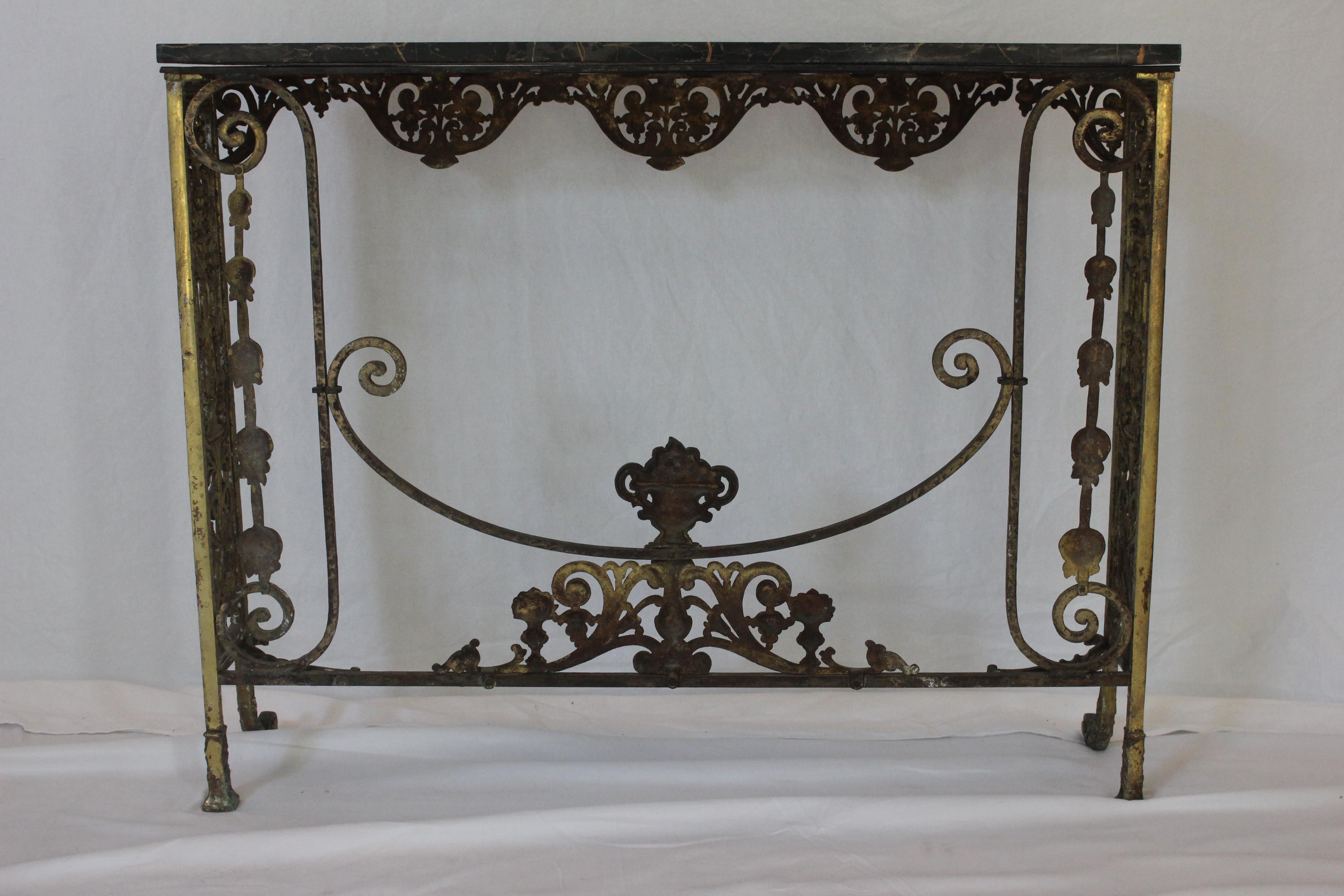 Antique C 1920's Oscar Bach Marble Top Iron & Brass Console Table (AF1-372) For Sale 7