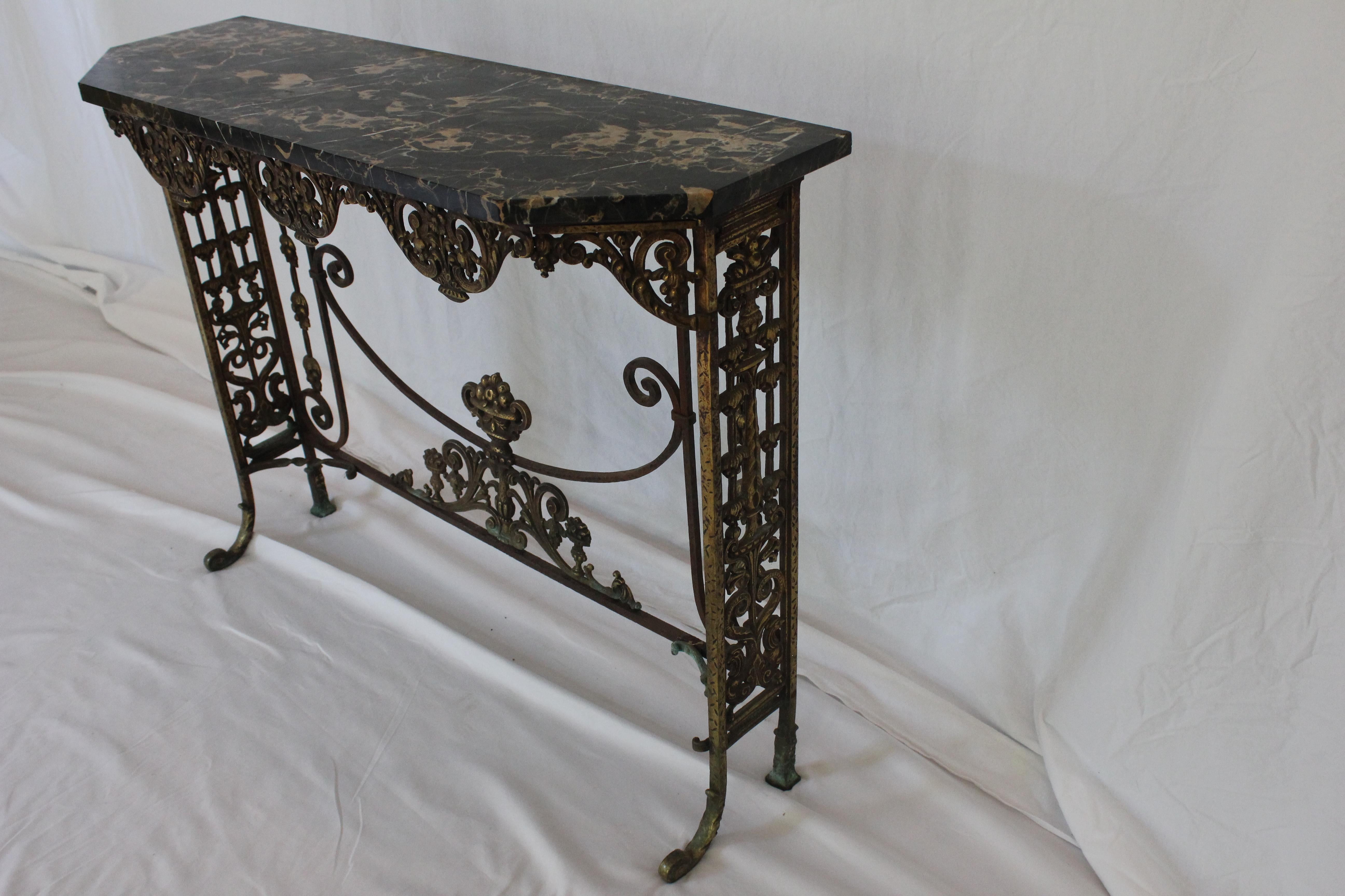 Antique C 1920's Oscar Bach Marble Top Iron & Brass Console Table (AF1-372) For Sale 9