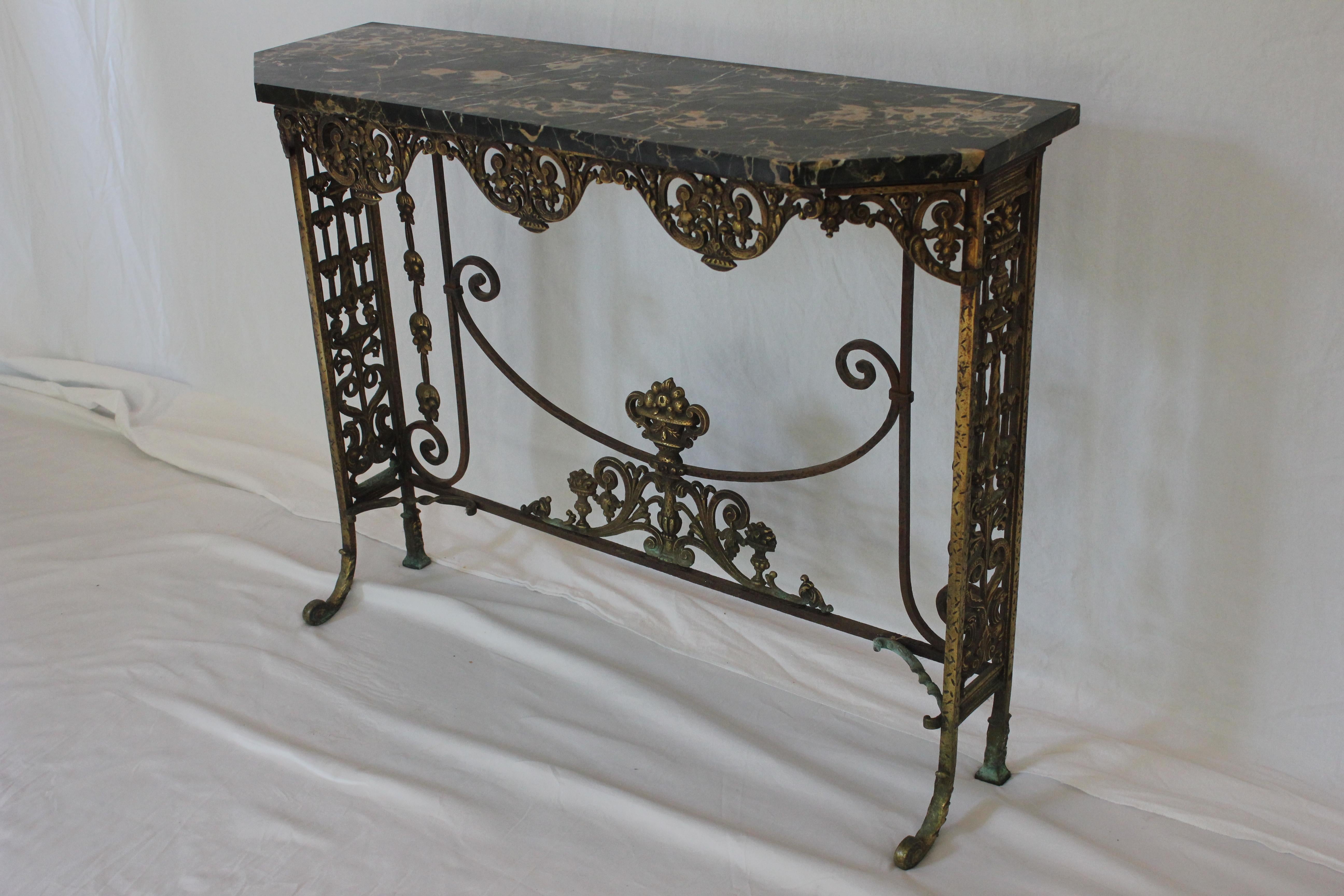 Art Deco Antique C 1920's Oscar Bach Marble Top Iron & Brass Console Table (AF1-372) For Sale