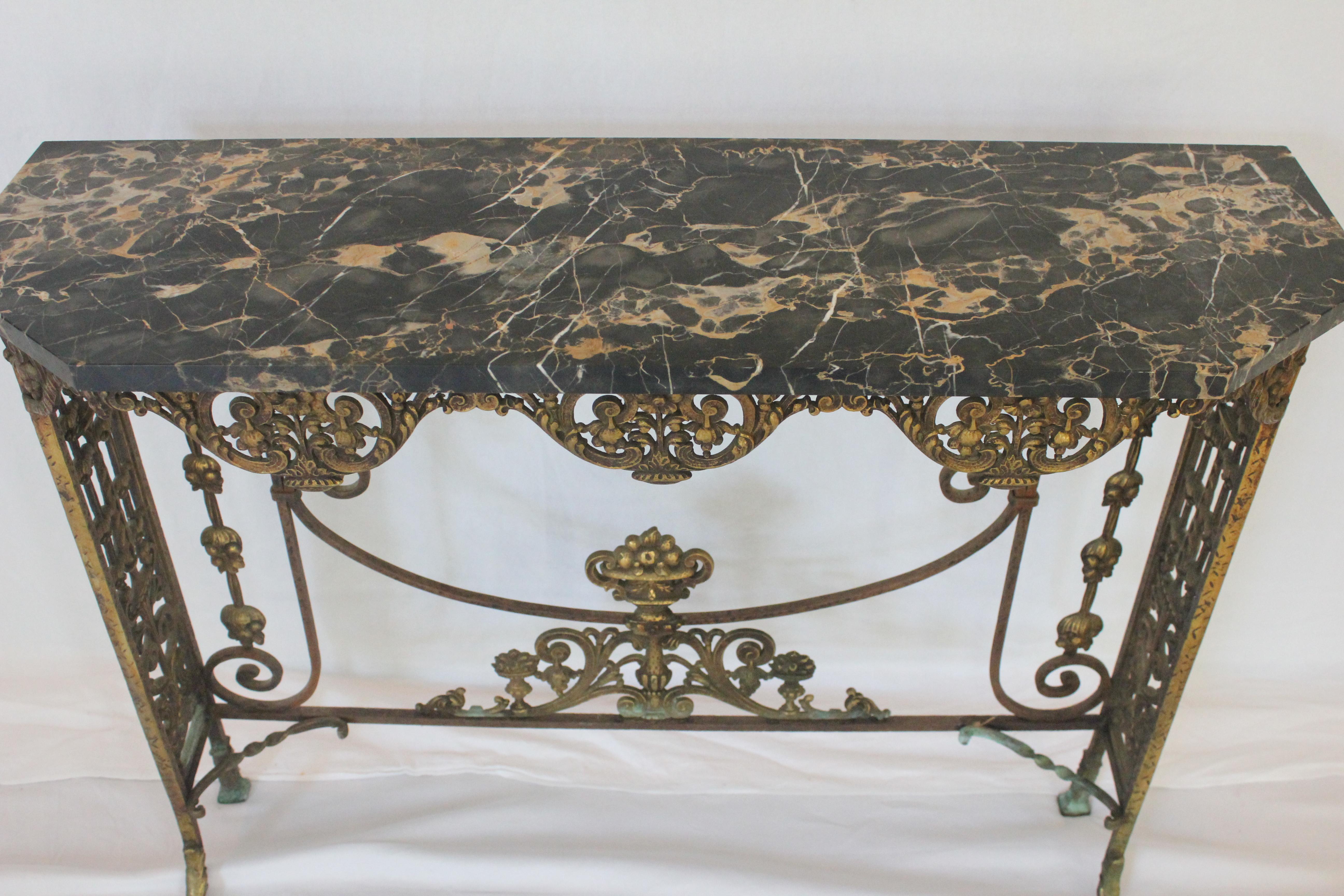 American Antique C 1920's Oscar Bach Marble Top Iron & Brass Console Table (AF1-372) For Sale