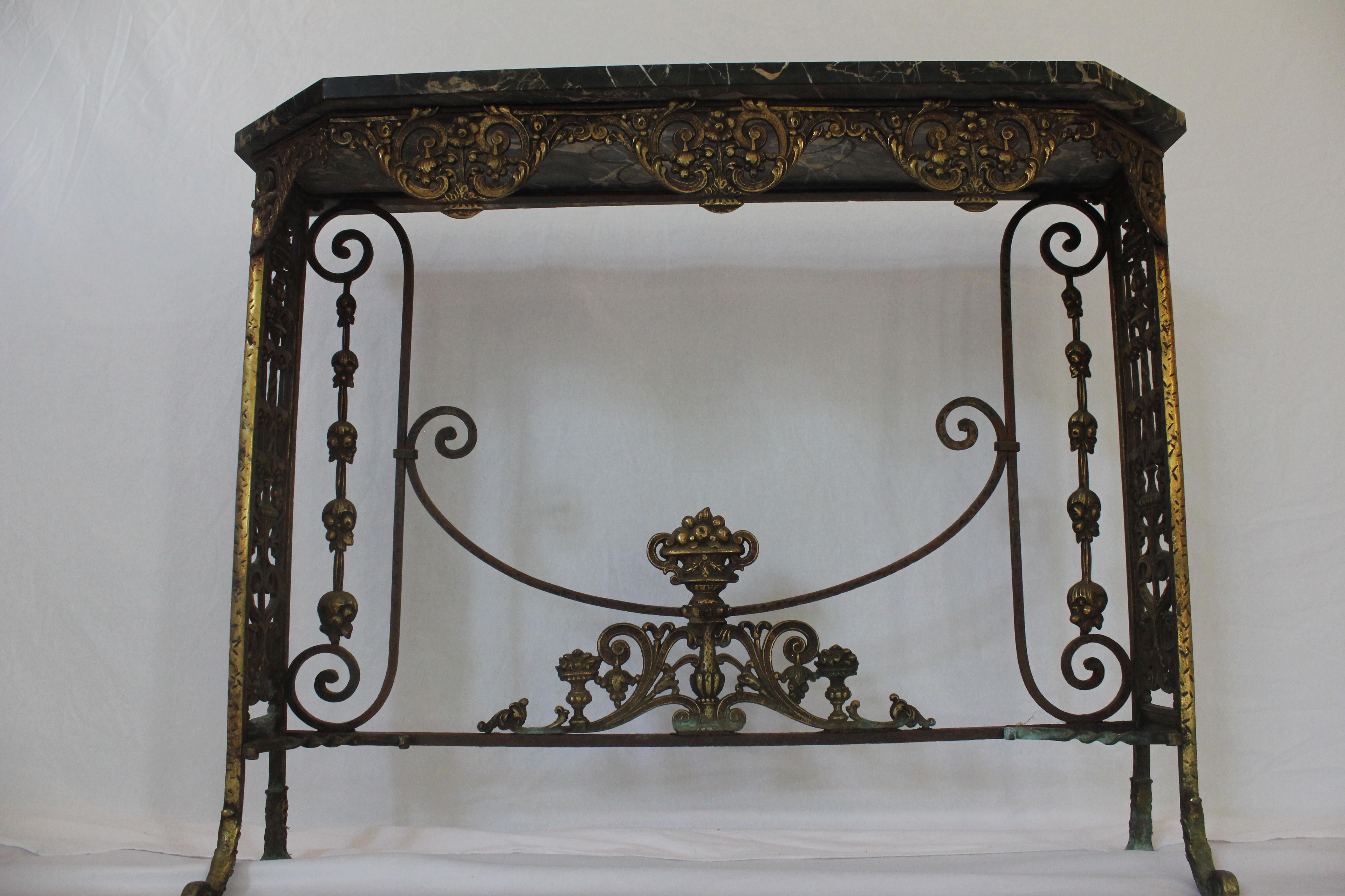 Hand-Crafted Antique C 1920's Oscar Bach Marble Top Iron & Brass Console Table (AF1-372) For Sale