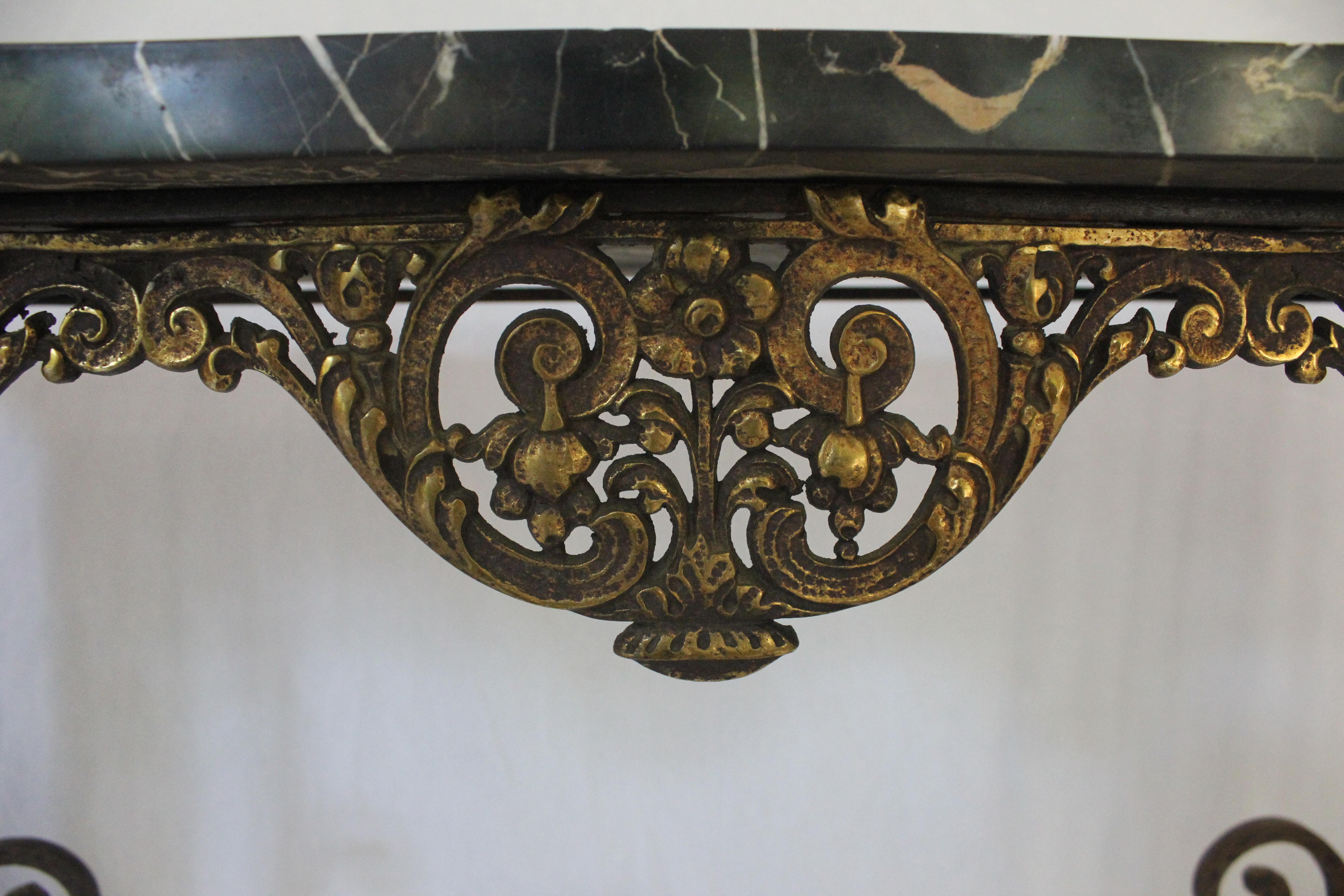 Antique C 1920's Oscar Bach Marble Top Iron & Brass Console Table (AF1-372) In Good Condition For Sale In Los Angeles, CA