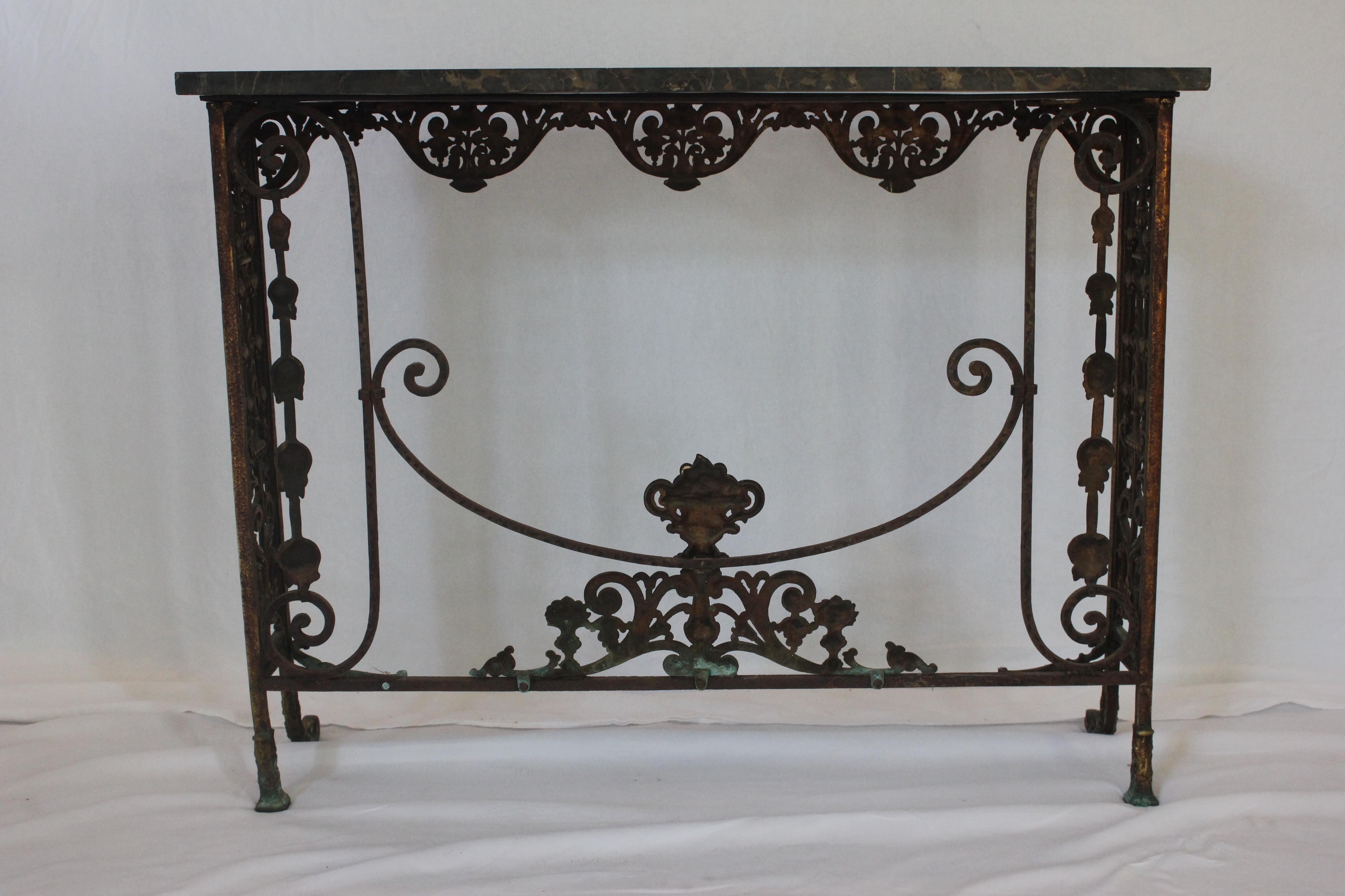 20th Century Antique C 1920's Oscar Bach Marble Top Iron & Brass Console Table (AF1-372) For Sale