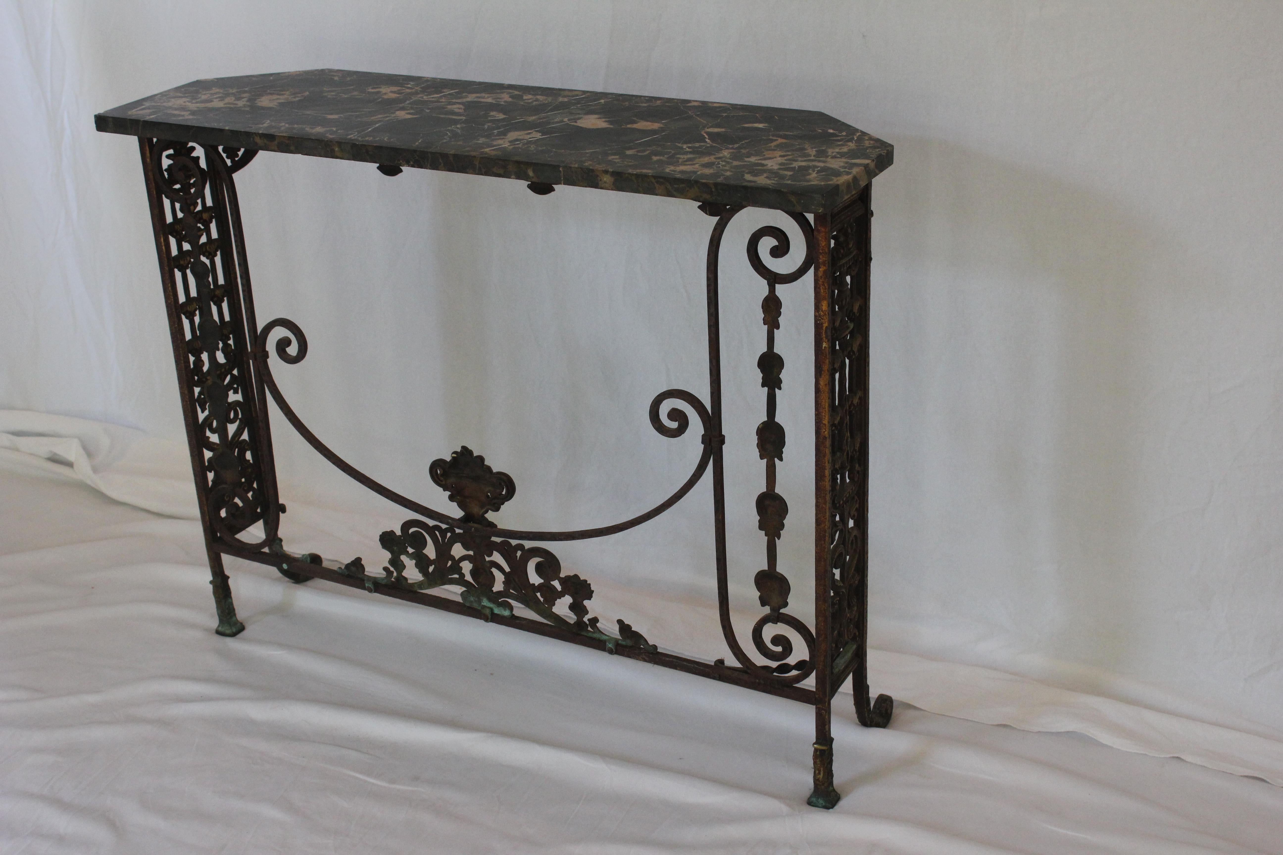 Antique C 1920's Oscar Bach Marble Top Iron & Brass Console Table (AF1-372) For Sale 1