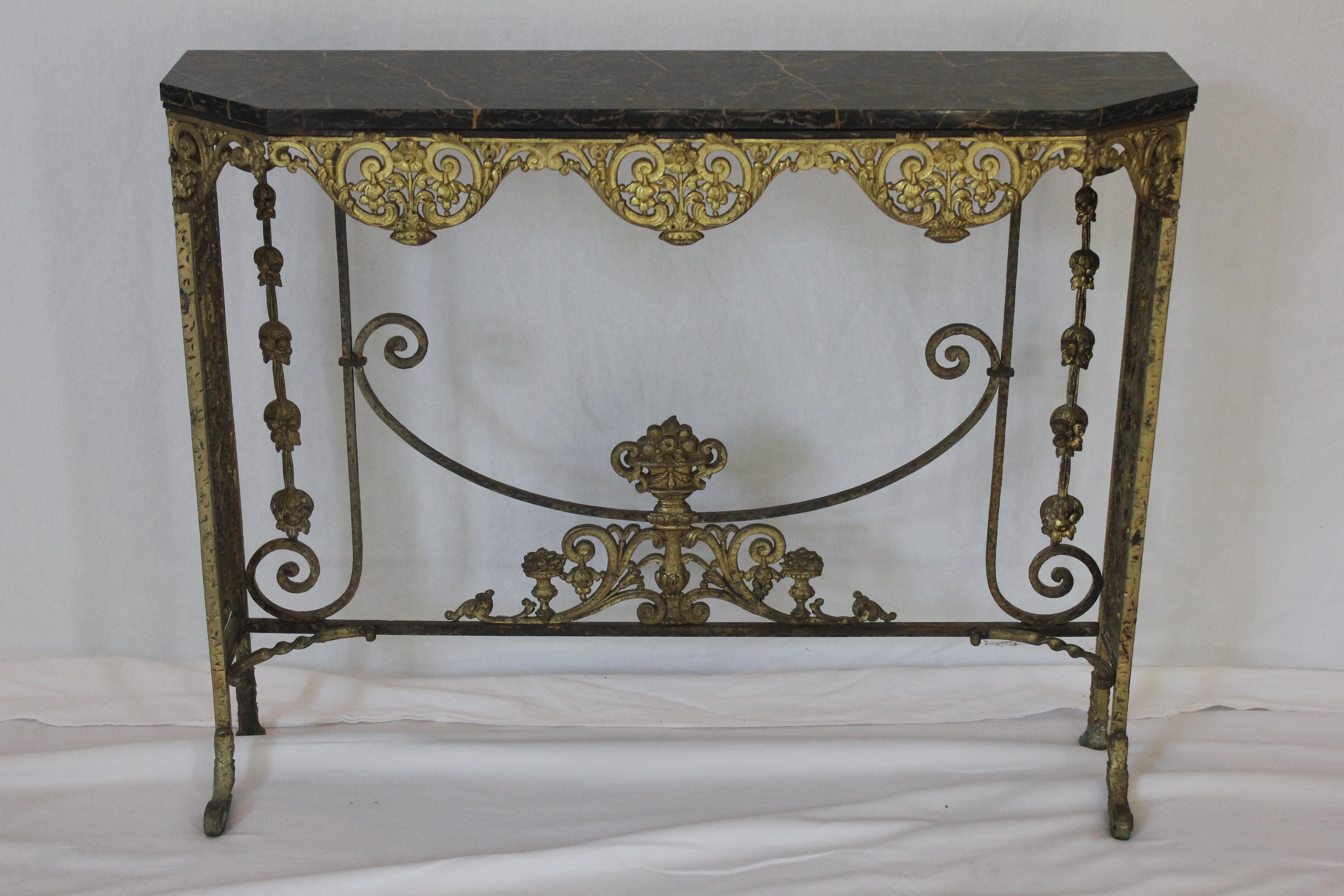 Antique C 1920's Oscar Bach Marble Top Iron & Brass Console Table (AF1-372) For Sale 2