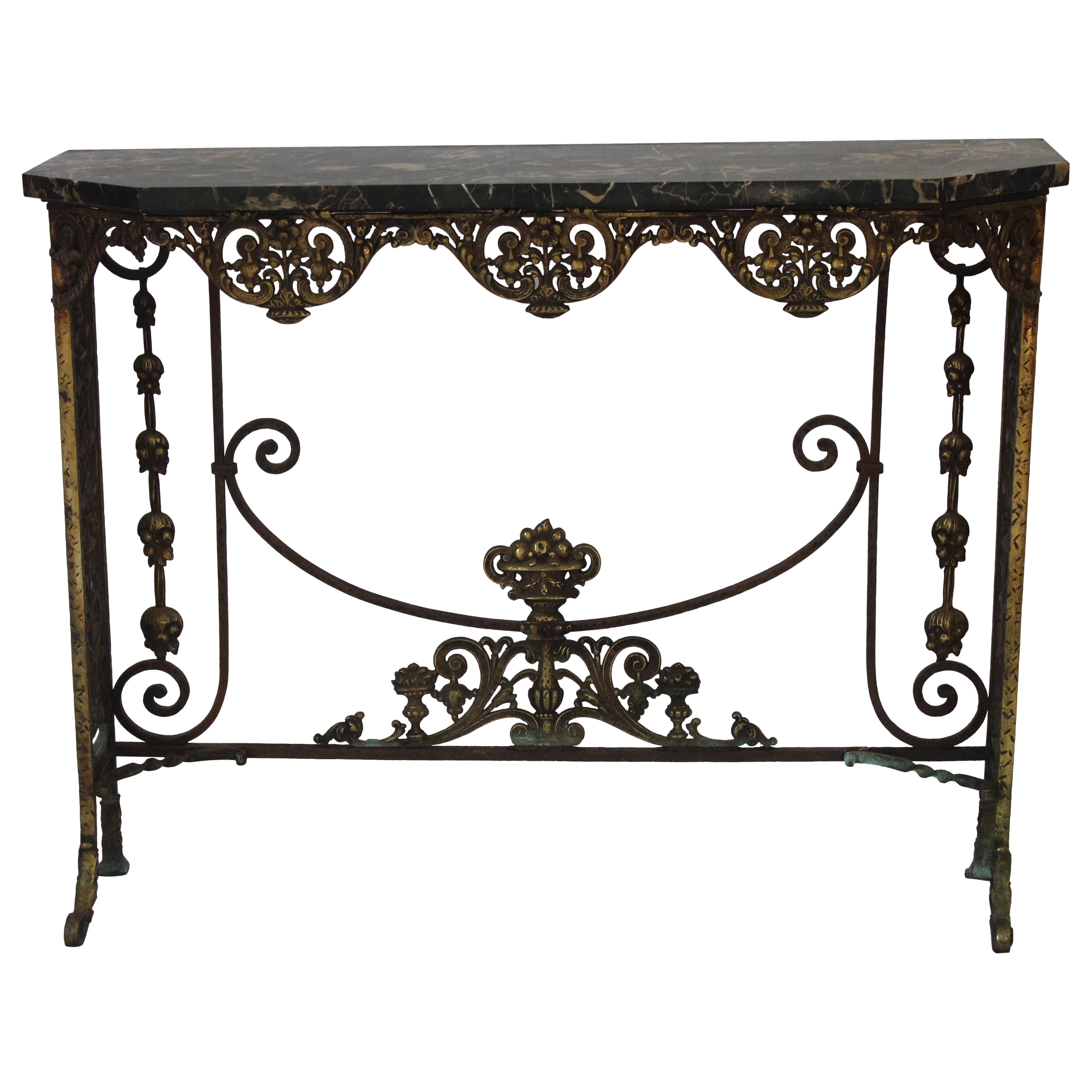 Antique C 1920's Oscar Bach Marble Top Iron & Brass Console Table (AF1-372) For Sale