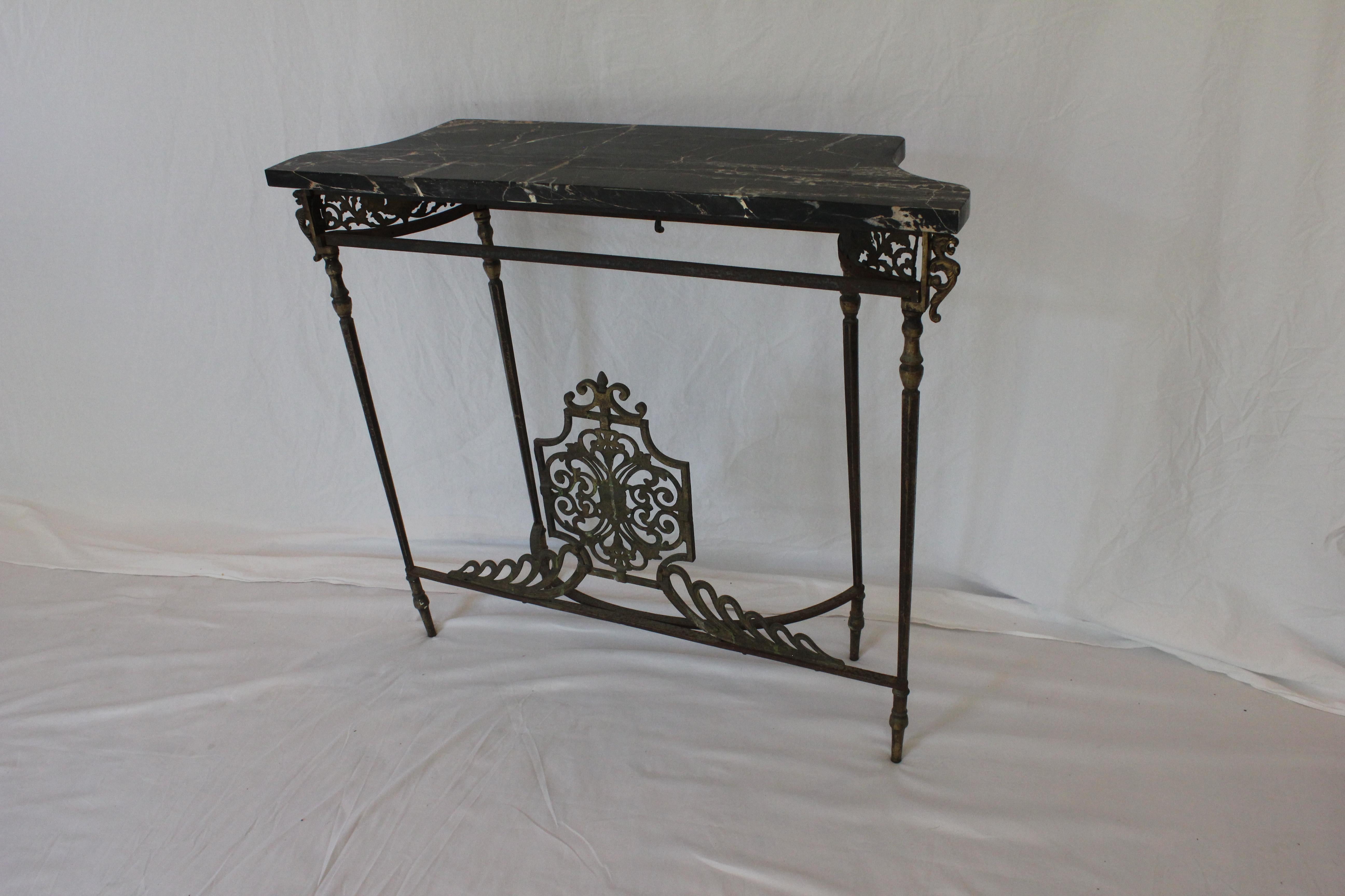 Antique C 1920's Oscar Bach Marble Top Iron & Brass Console Table (AF1-373) For Sale 3