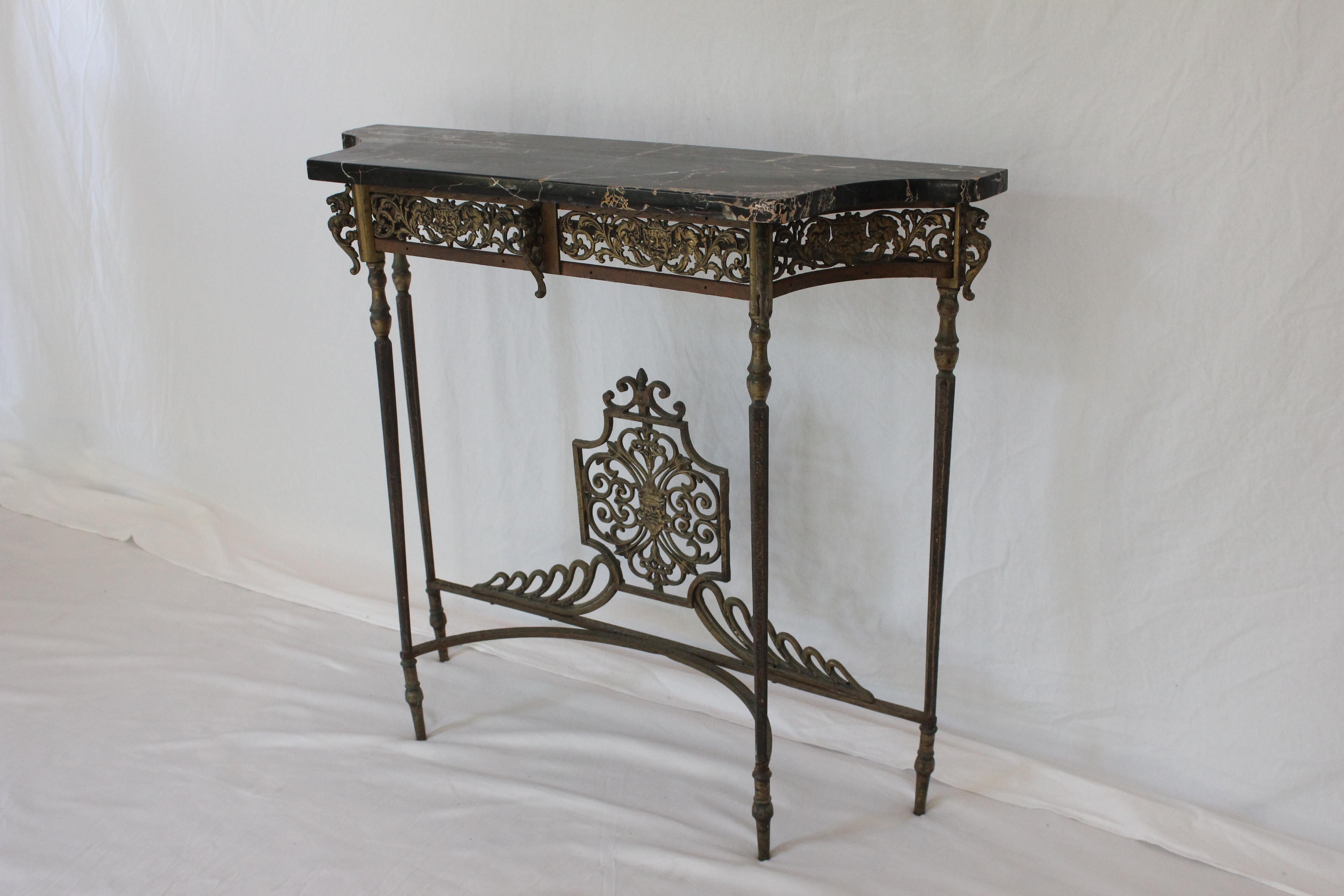 Art Deco Antique C 1920's Oscar Bach Marble Top Iron & Brass Console Table (AF1-373) For Sale