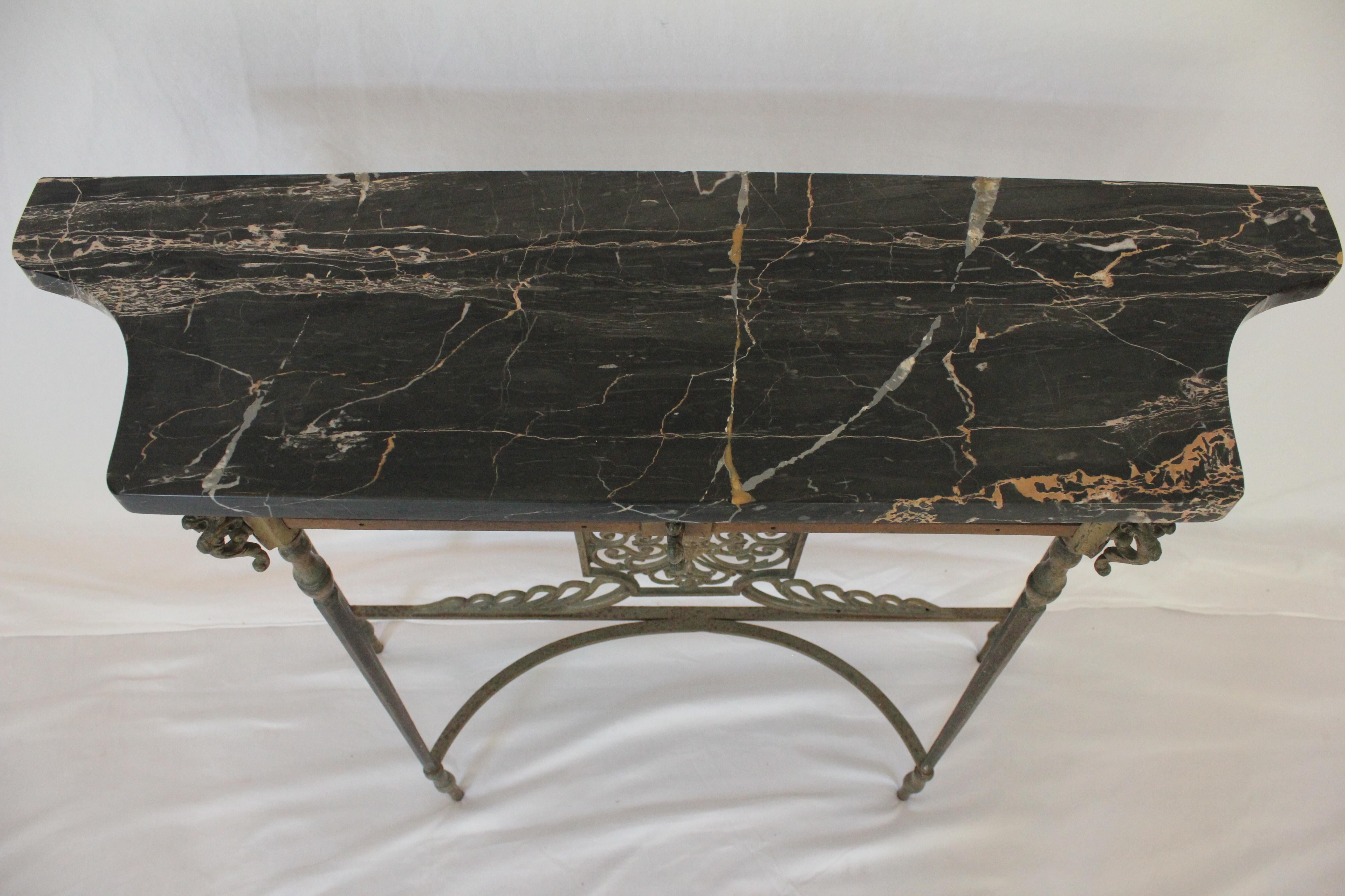 Hand-Crafted Antique C 1920's Oscar Bach Marble Top Iron & Brass Console Table (AF1-373) For Sale