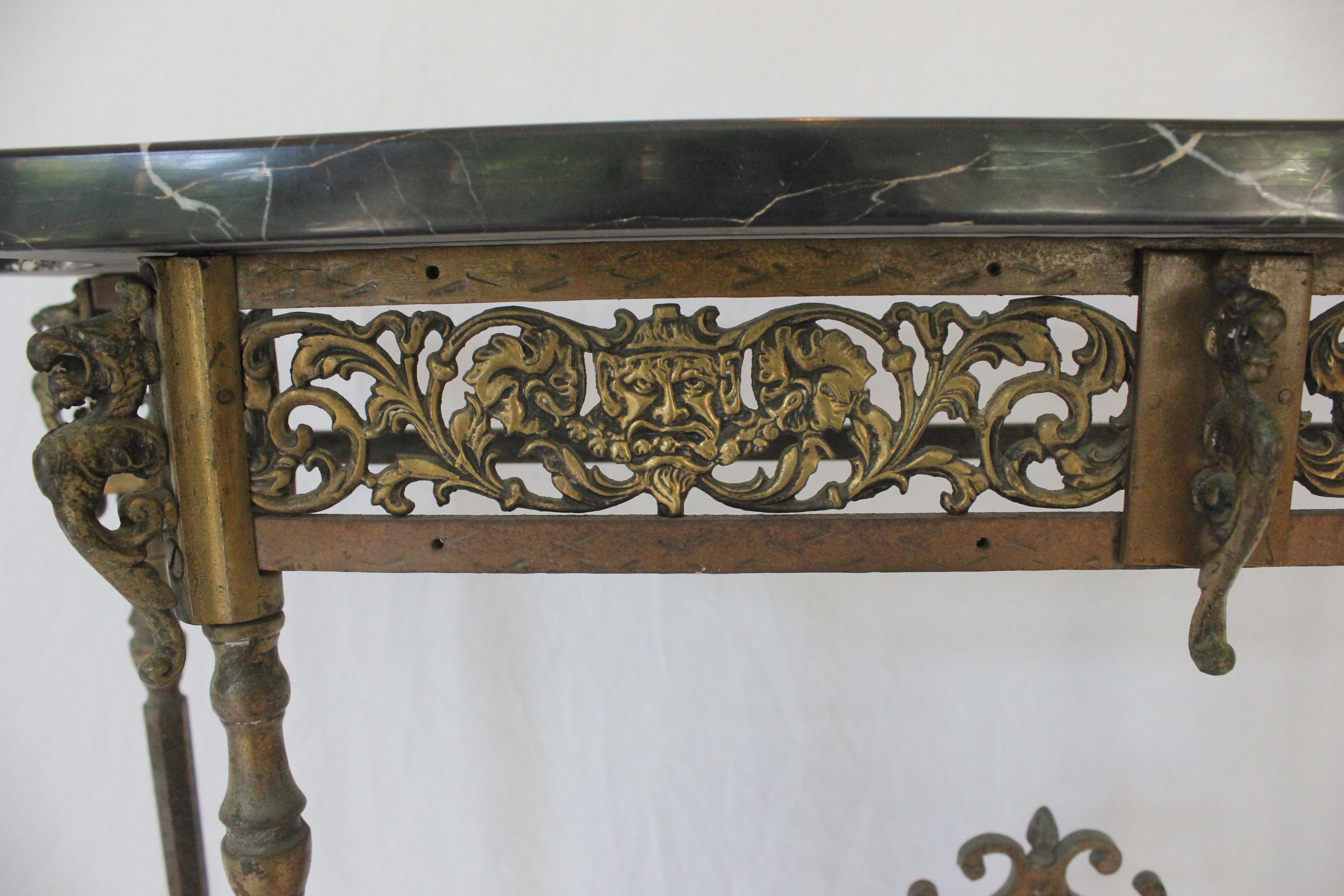 20th Century Antique C 1920's Oscar Bach Marble Top Iron & Brass Console Table (AF1-373) For Sale