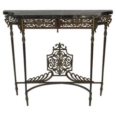Antique C 1920's Oscar Bach Marble Top Iron & Brass Console Table (AF1-373)