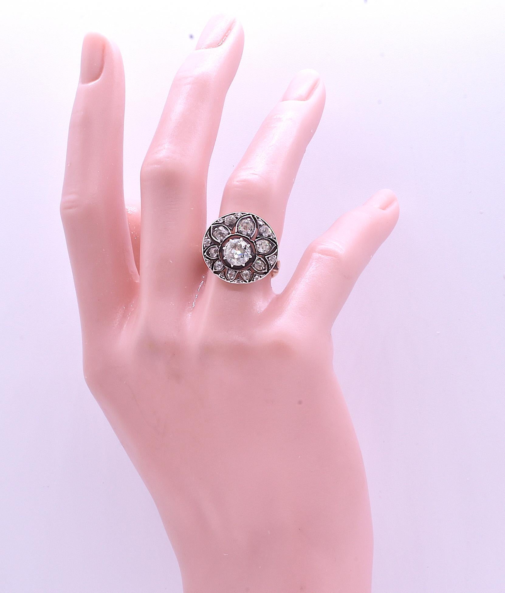 Antique C1850 14k French Diamond Cluster Ring in the Shape of a Flower Spray 9