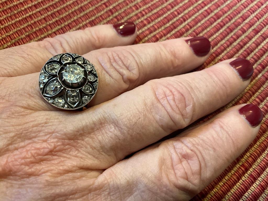 Antique C1850 14k French Diamond Cluster Ring in the Shape of a Flower Spray 11