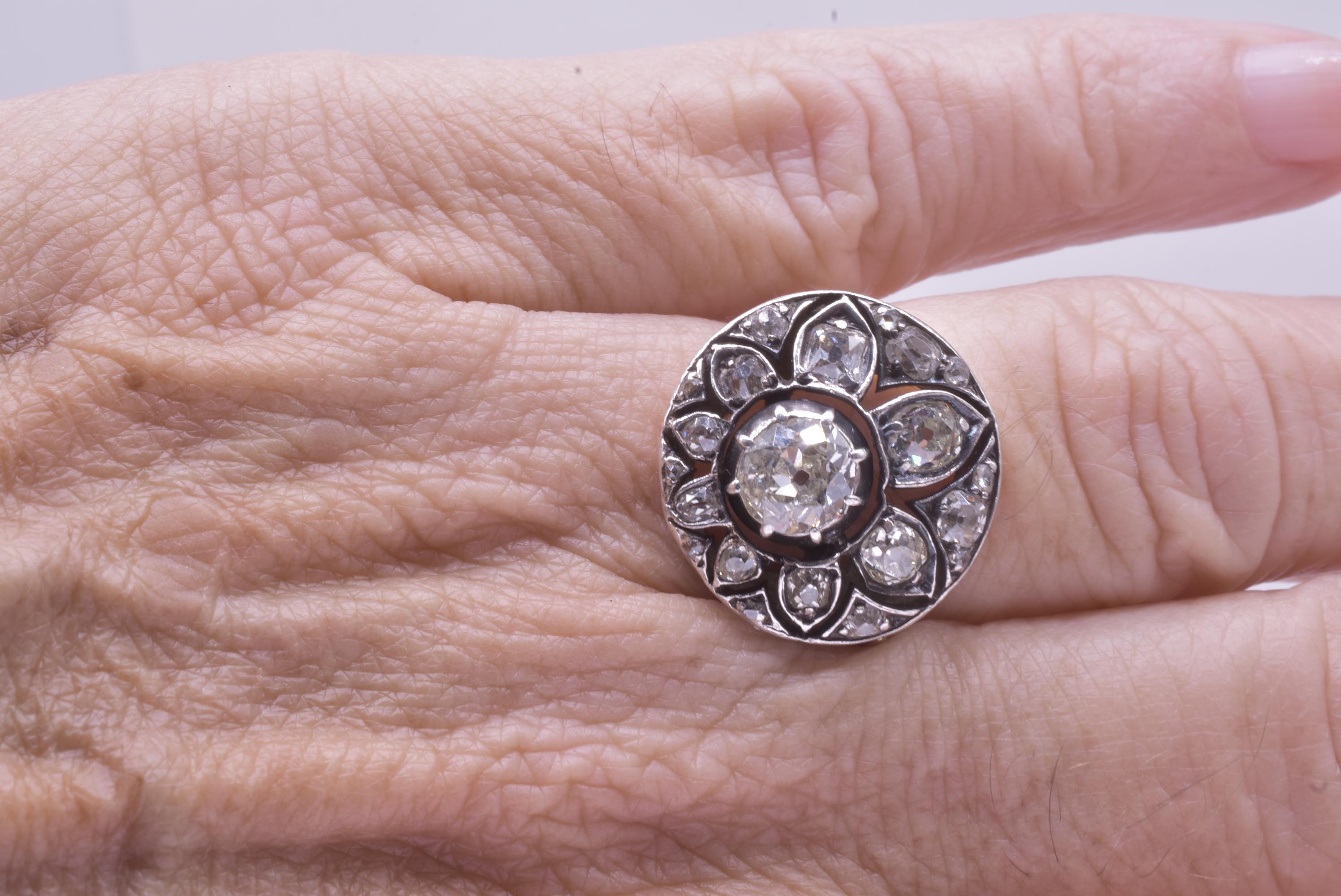 French Cut Antique C1850 14k French Diamond Cluster Ring in the Shape of a Flower Spray