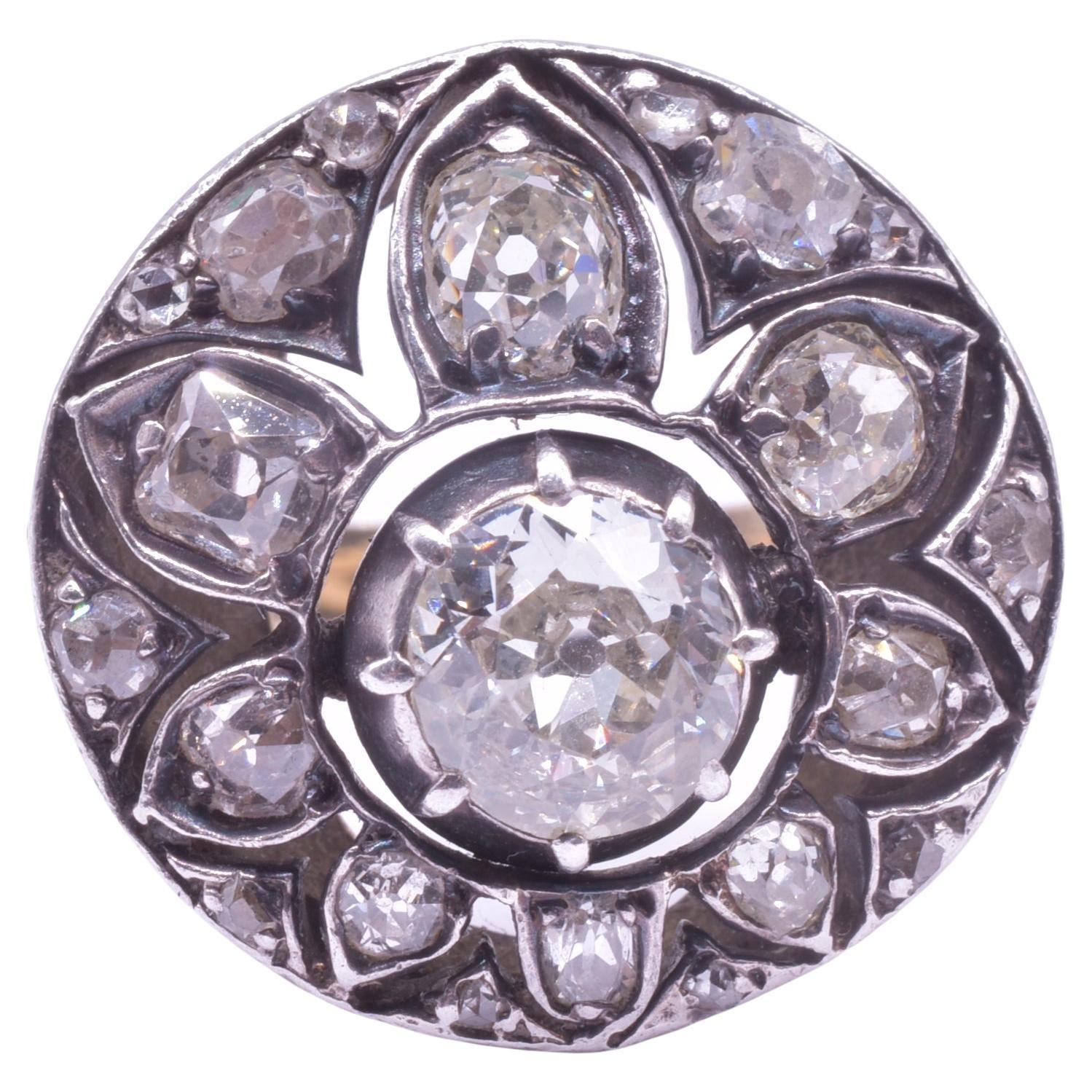 Empire Bague française ancienne en grappe de diamants 14 carats en forme de gerbe de fleurs, vers 1850