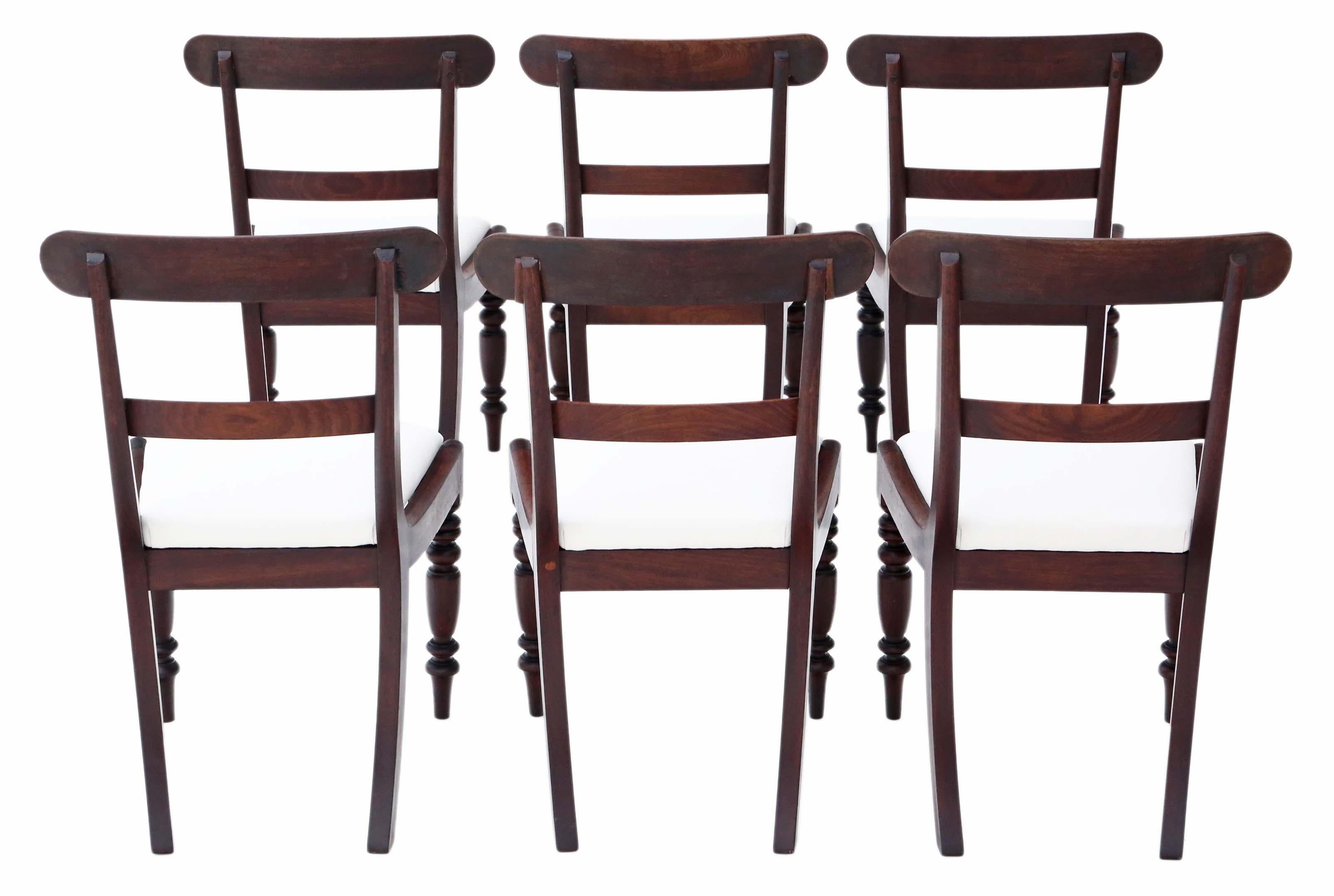 Antique fine quality set of 6 Victorian mahogany dining chairs, circa 1850.
No loose joints and no woodworm.
New upholstery in a heavy weight fabric.
Overall maximum dimensions:
Measures: 50cmW x 50cmD x 86cmH (45cmH seat when sat on).
Good