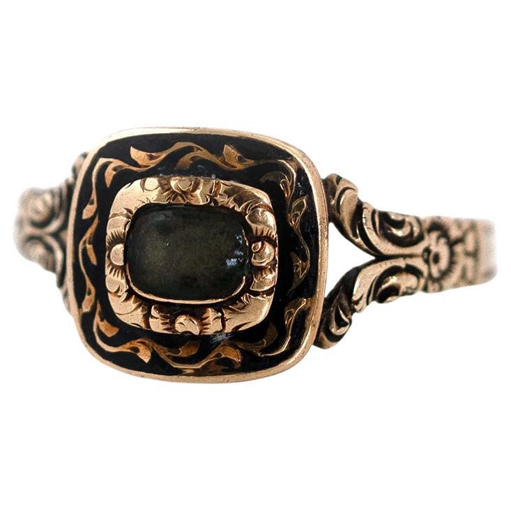 Antik ca.1860-1880 Viktorianischer Gold-Emaille-Trauerring