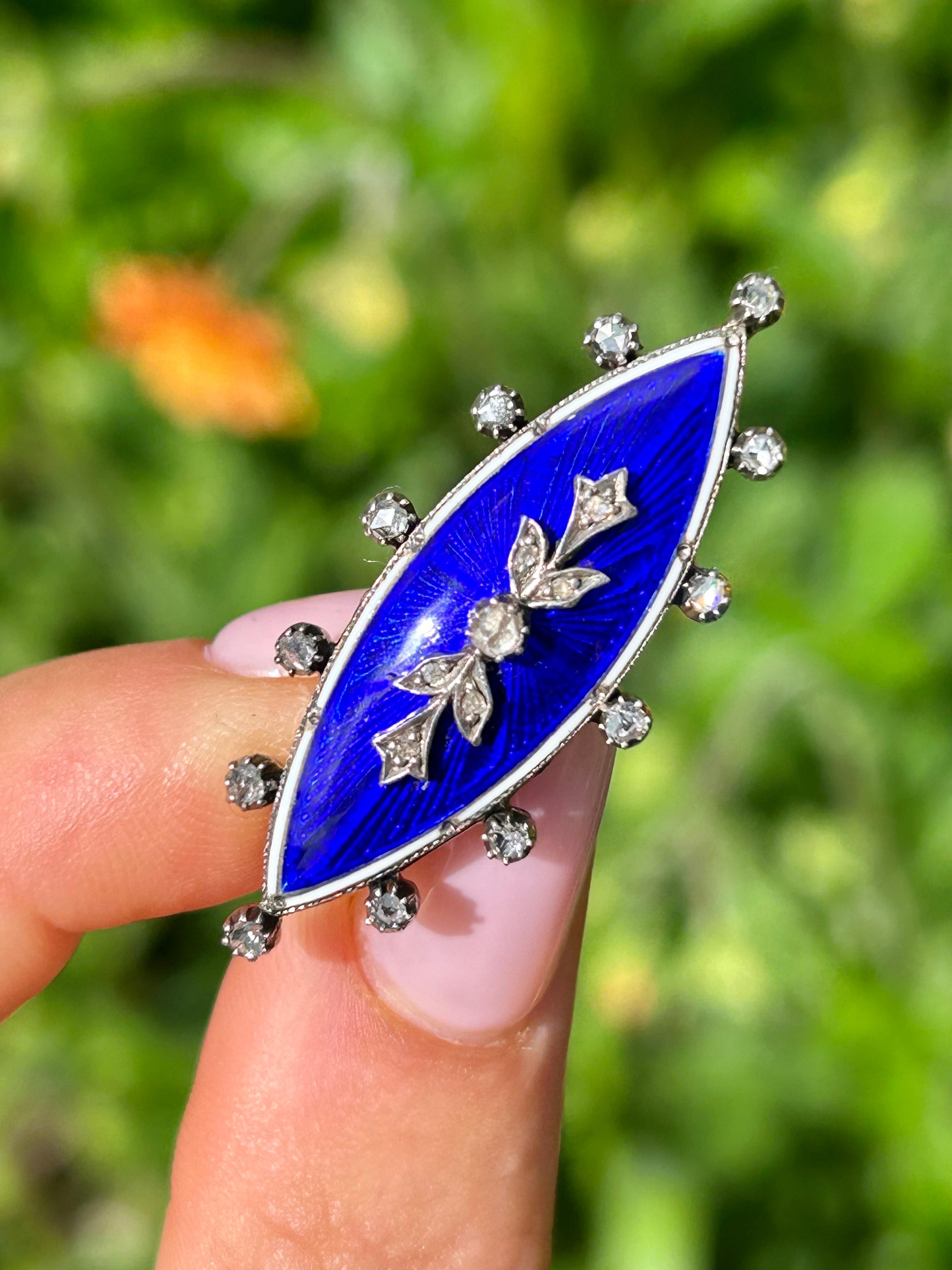Antique C.1860 Blue Enamel and Rose Cut Diamond Navette Shaped Brooch in Gold 

wonderful blue enamel with diamond detailing brooch, truly excellent! 

The item comes without the box in the photos but will be presented in an Howard’s Antique gift