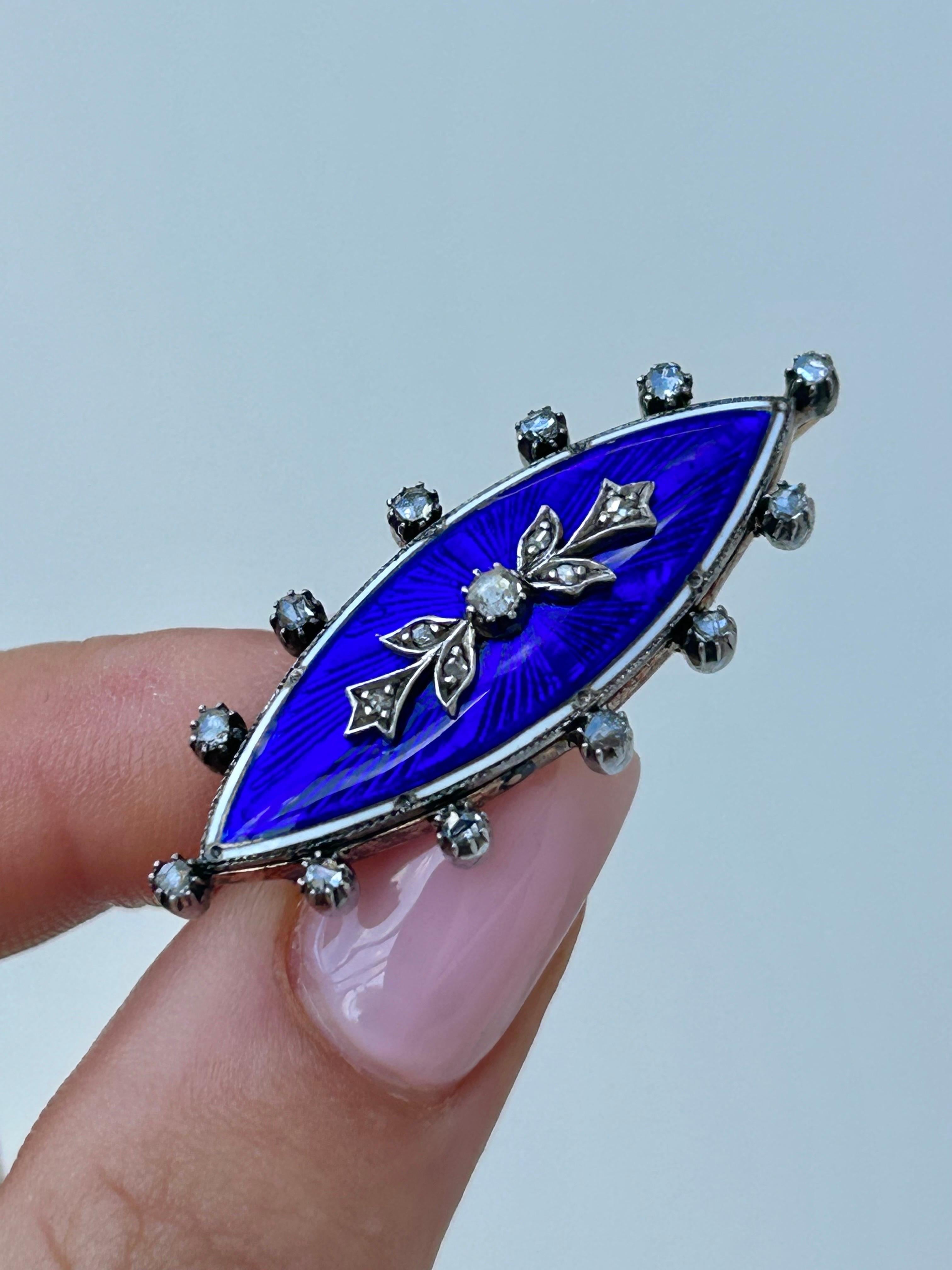 Women's or Men's Antique C.1860 Blue Enamel and Rose Cut Diamond Navette Shaped Brooch in Gold For Sale