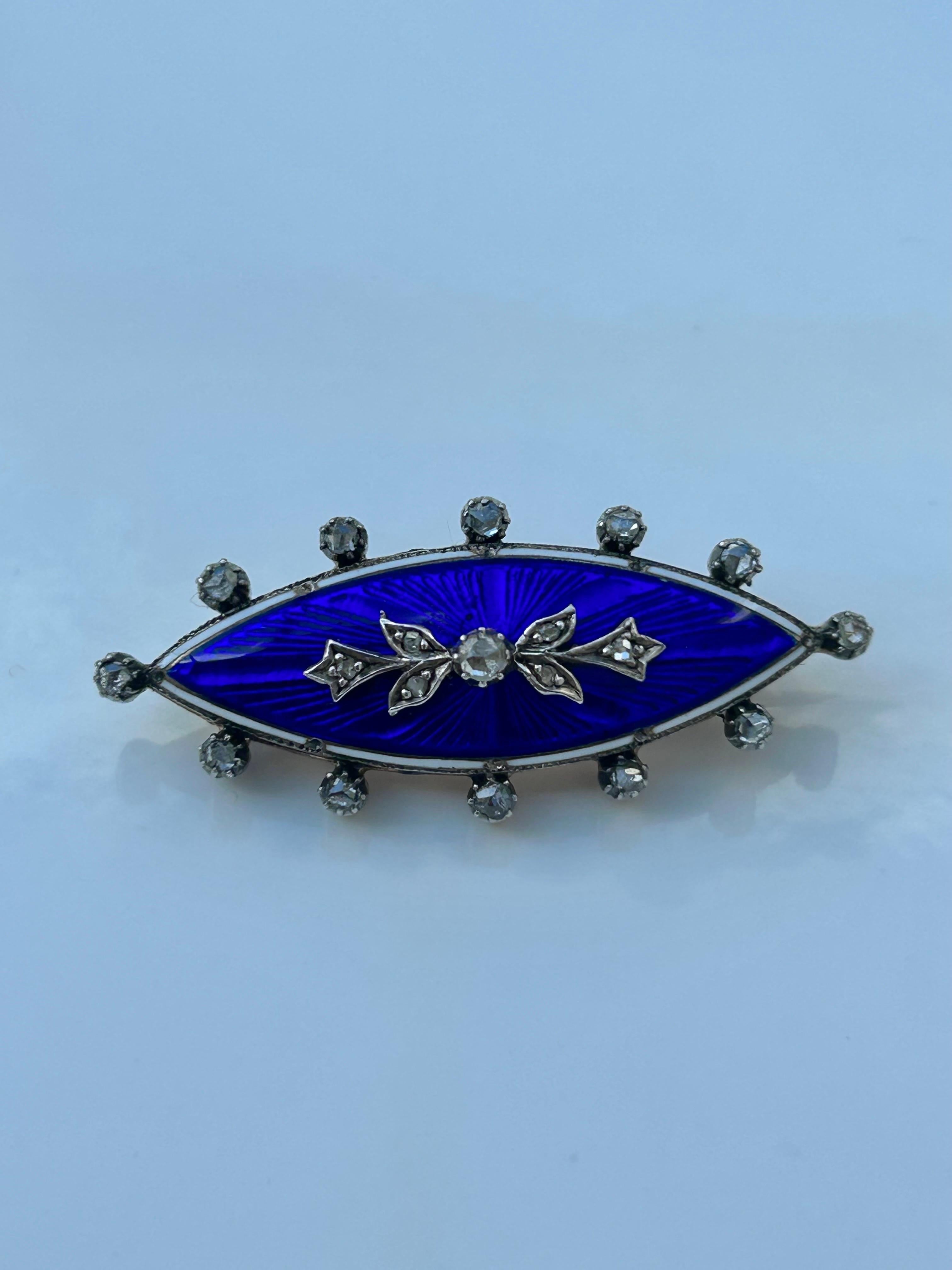 Antique C.1860 Blue Enamel and Rose Cut Diamond Navette Shaped Brooch in Gold  For Sale 1