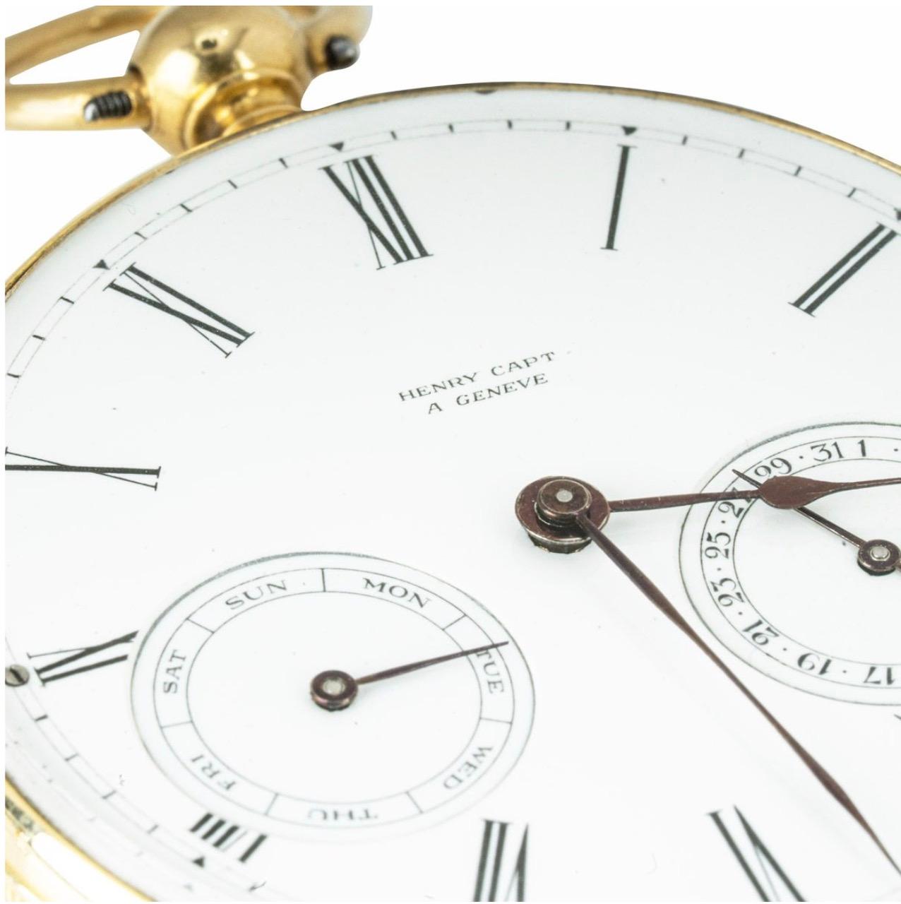 A rare Henry Capt 18ct yellow gold keywind open face, pivoted detent chronometer pocket watch with day date, C1860.

Dial: The perfect white enamel dial signed Henry Capt a Genève, Roman numerals, outer minute ring, two subsidiary dials for Day and