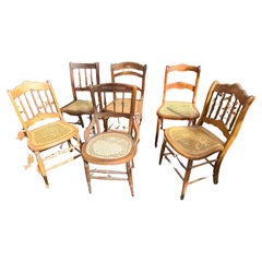 Antiguo C1860 Juego de Seis Sillas de Comedor Desparejadas de Nogal con Asientos de Caña a Mano