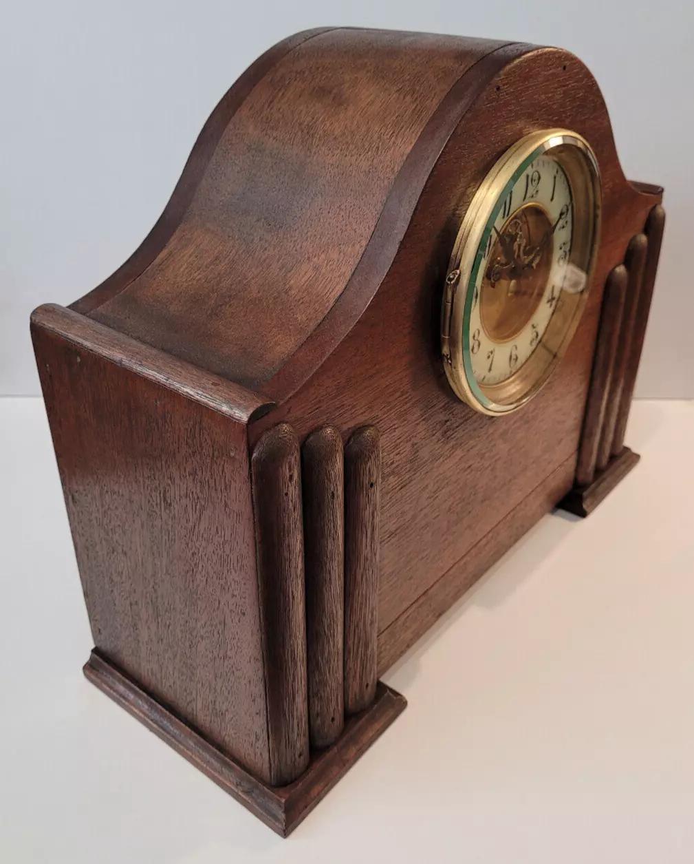 This is an antique 19th century c1860’s French “Japy Frères” chiming mantel clock with a visible Brocot movement. This is in outstanding condition and is in full working order. It has a beautiful oak body of architectural form with 3 pillar-like