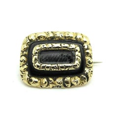 Antique c.1860s Victorian 9ct Gold Mourning Brooch with Enamel Hairwork