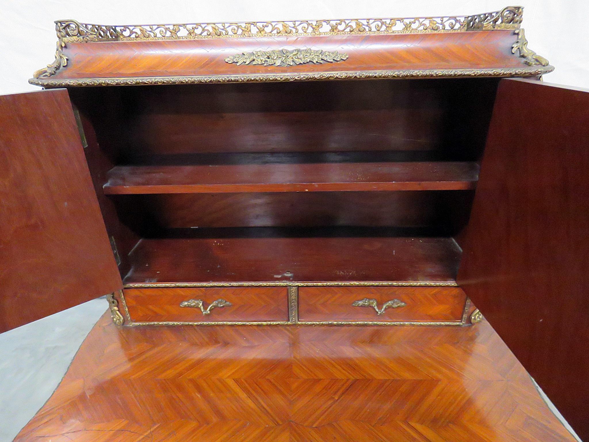 Bronze Antique C1870s French Louis XVI Style Inlaid King Wood Ladies Writing Desk For Sale