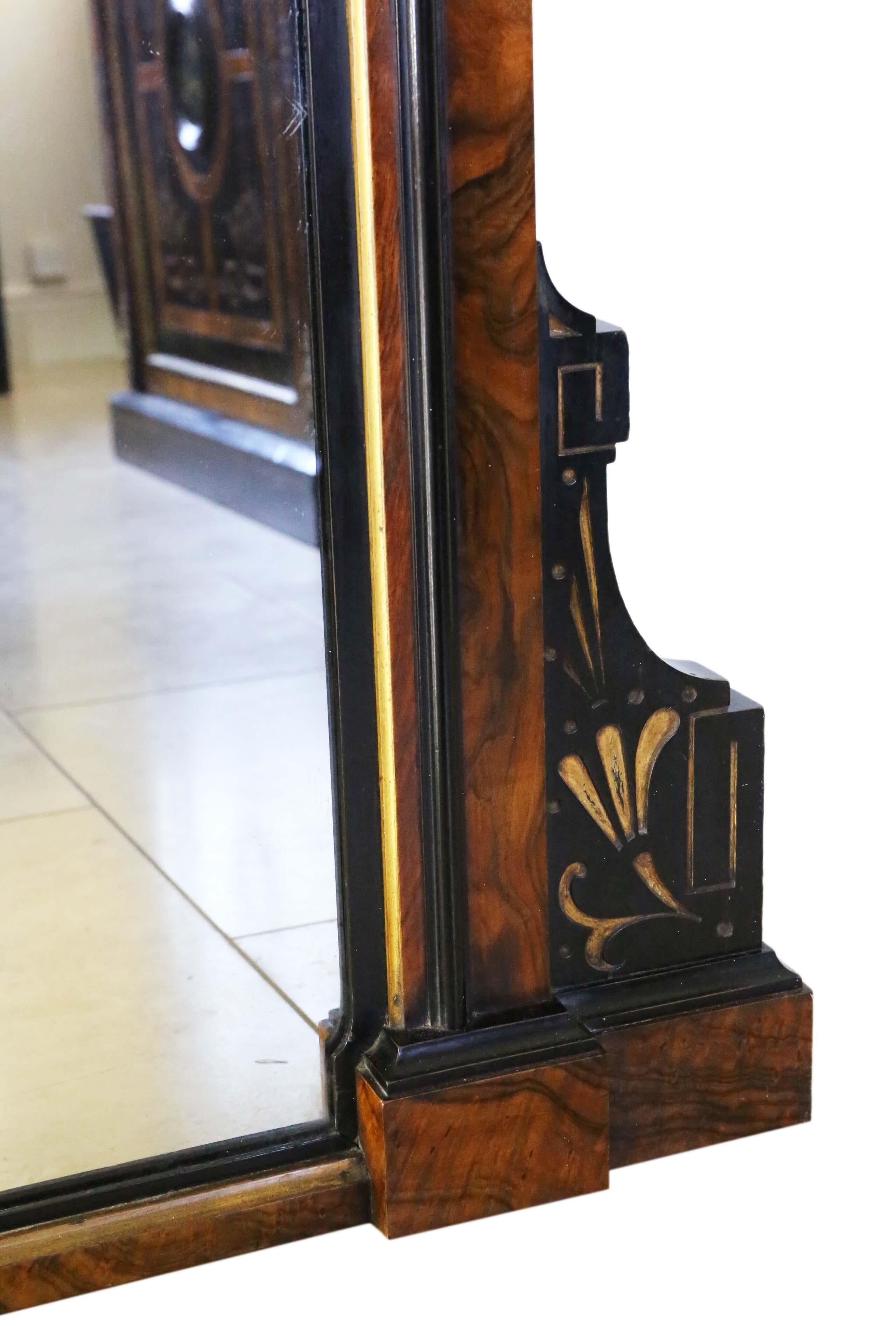 Antique C1880 Aesthetic Burr Walnut and Ebonised Overmantle Wall Mirror Large For Sale 1