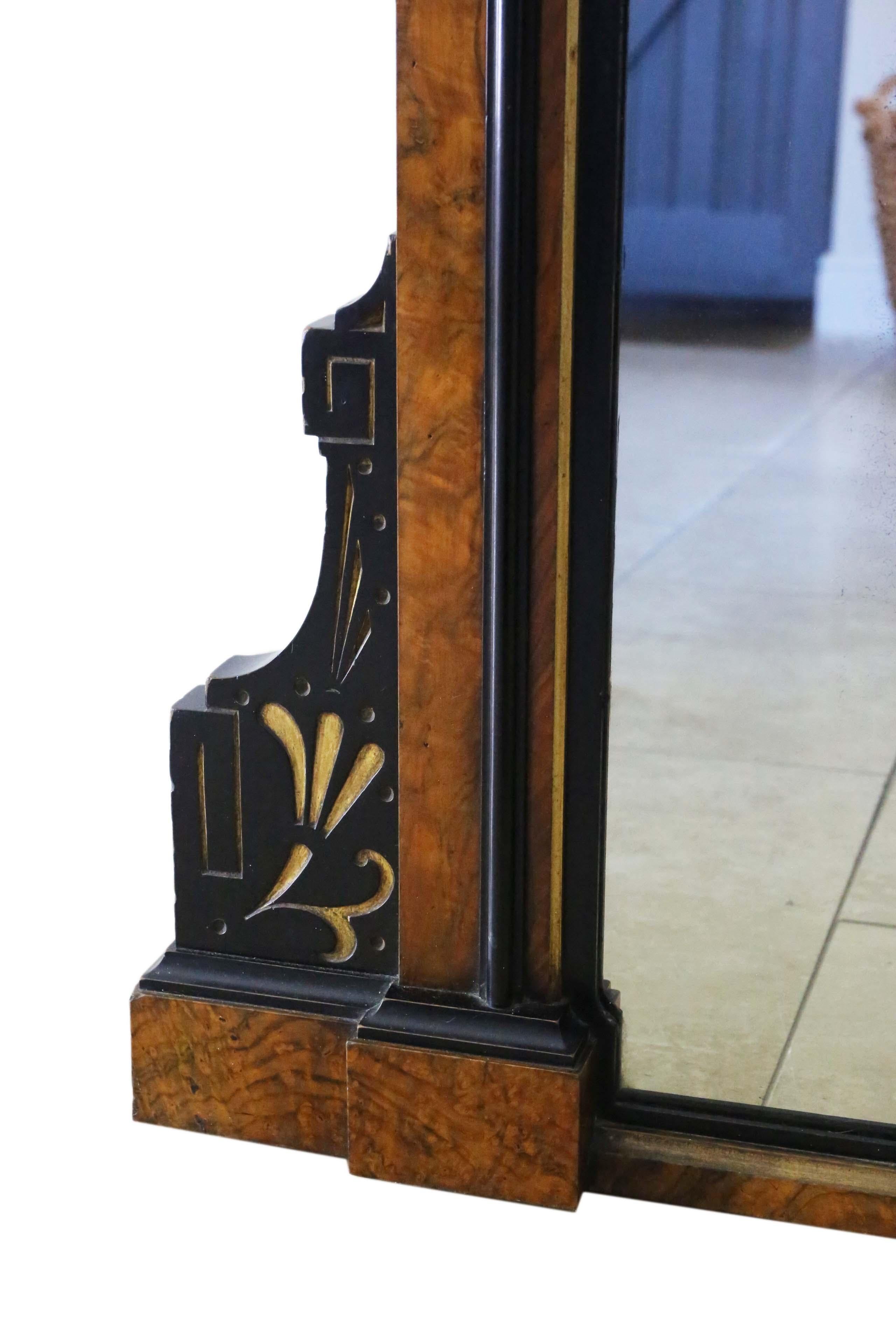 Antique C1880 Aesthetic Burr Walnut and Ebonised Overmantle Wall Mirror Large For Sale 2