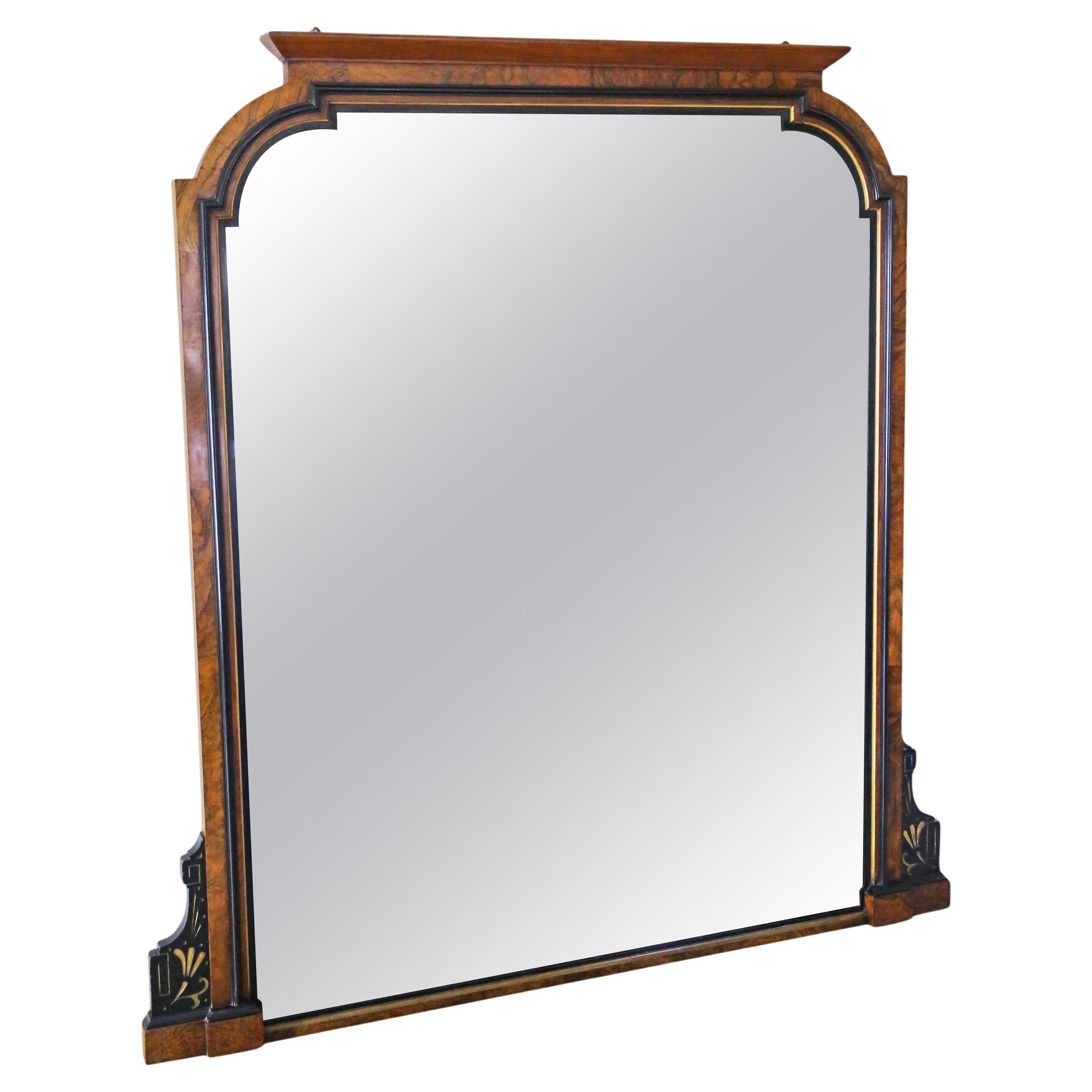 Antique A.I.C C Movement Burr Walnut 
Ebonised Overmantle Wall Mirror