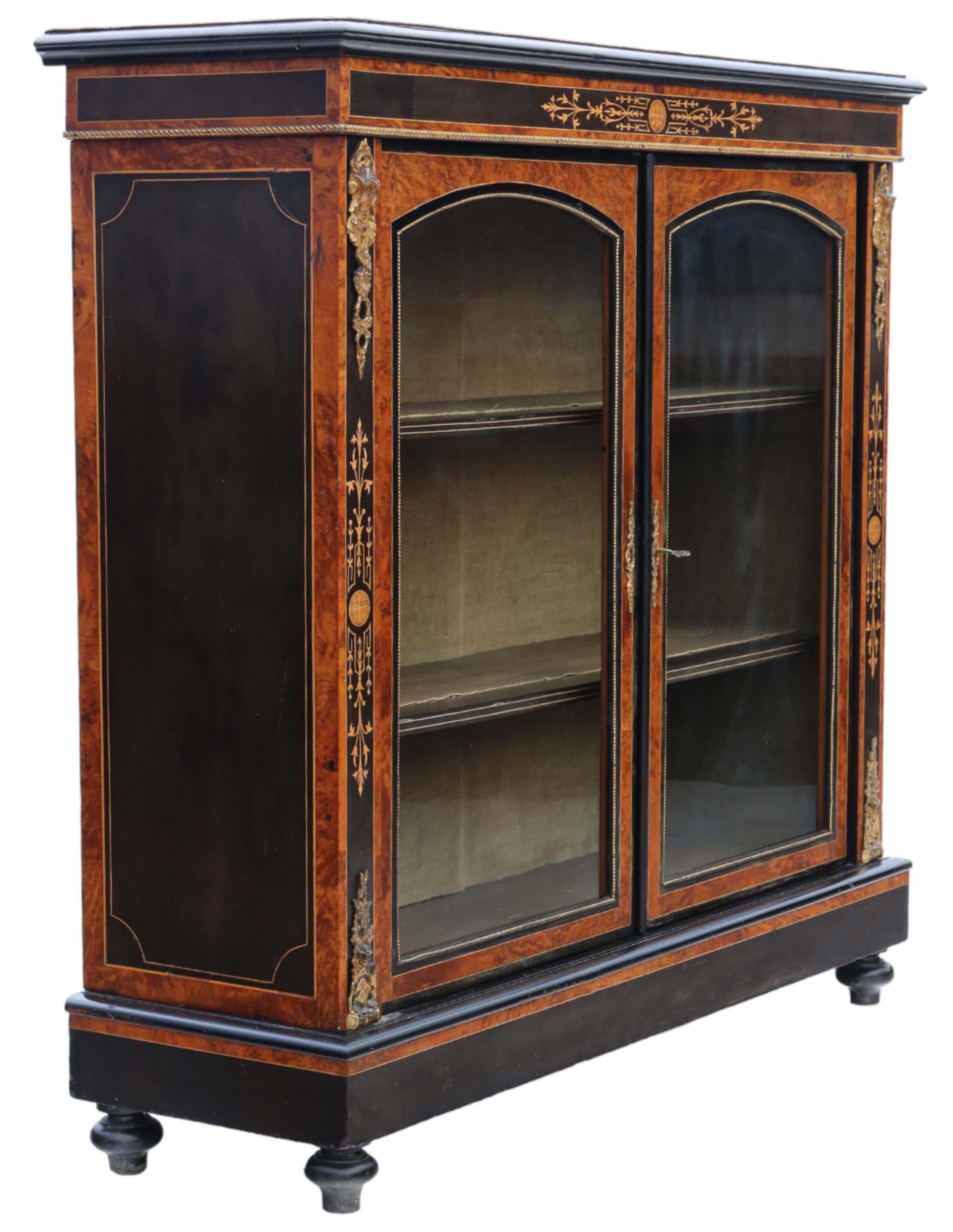 Antique C1880 large quality inlaid burr walnut display cabinet For Sale 1