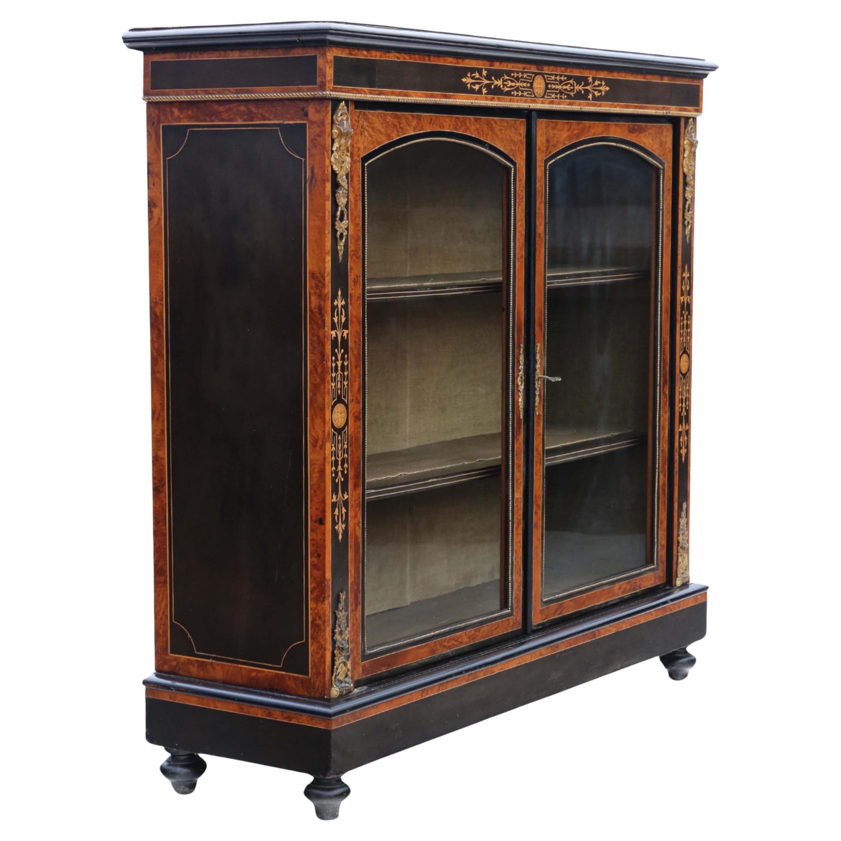 Antique C1880 large quality inlaid burr walnut display cabinet For Sale