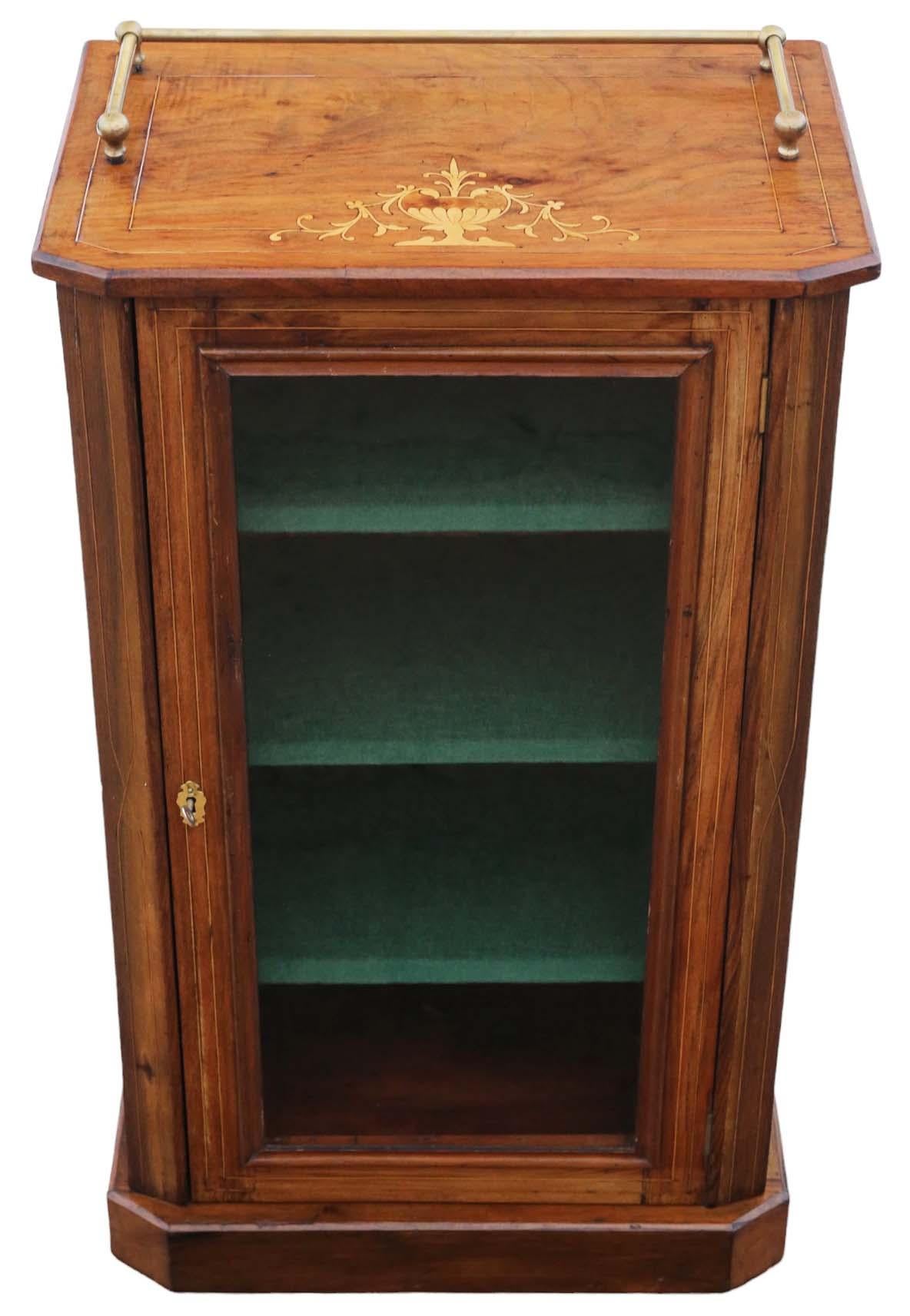 19th Century Antique C1880 quality inlaid walnut music pier display cabinet For Sale