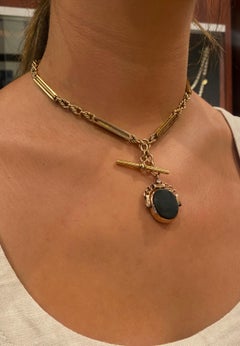 Antique c1898 15ct Rose Gold T-Bar Fob Chain Necklace & 9ct Gold Swivel Pendant