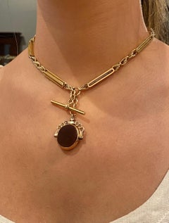 Antique c1898 15ct Rose Gold T-Bar Fob Chain Necklace & 9ct Gold Swivel Pendant